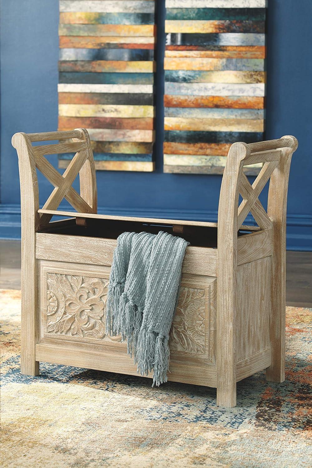 Transitional Beige Whitewashed Storage Accent Bench with Carved Florals