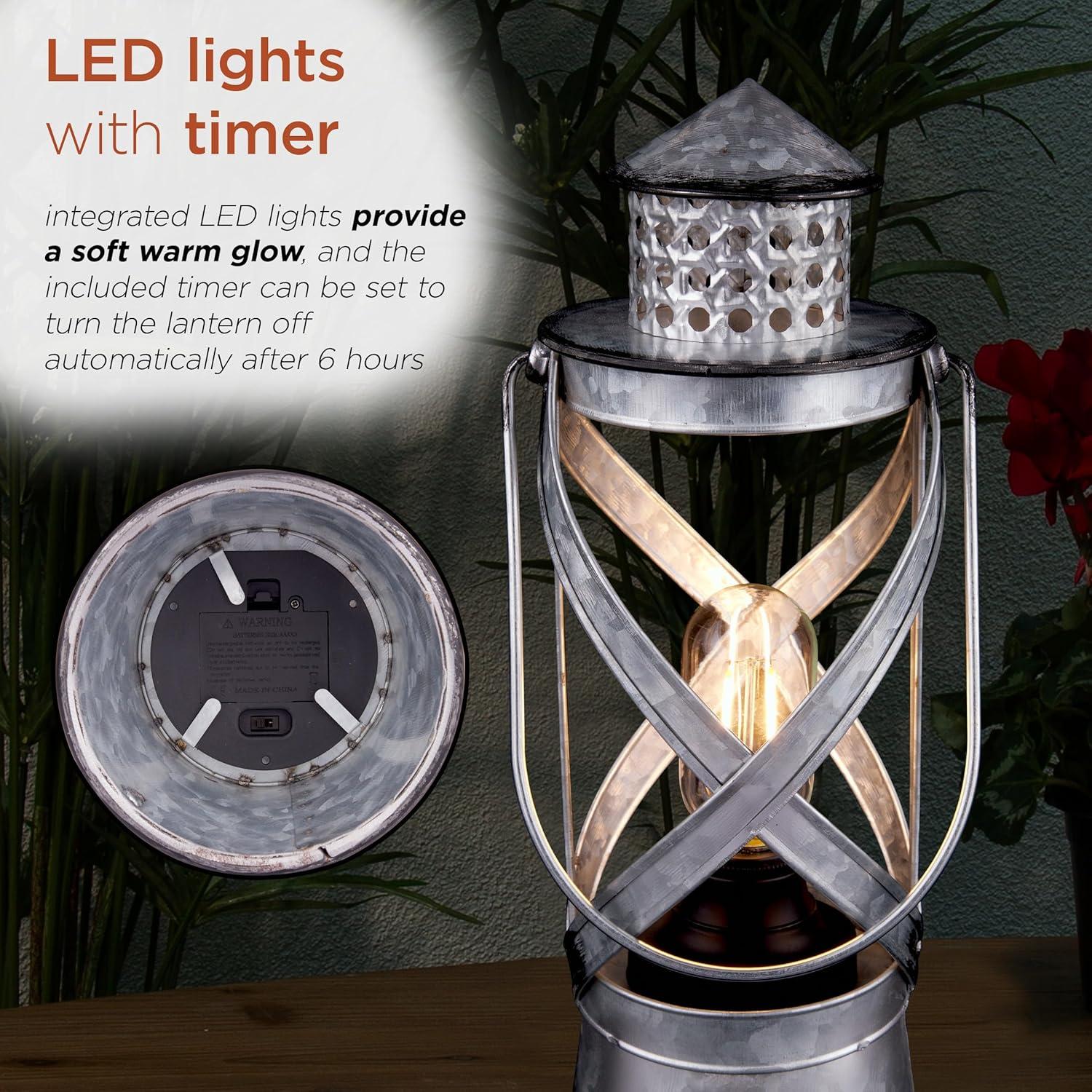 Indoor/Outdoor Metal Vintage Lantern with LED Lights Silver - Alpine Corporation: Hurricane-Style, No Assembly Required