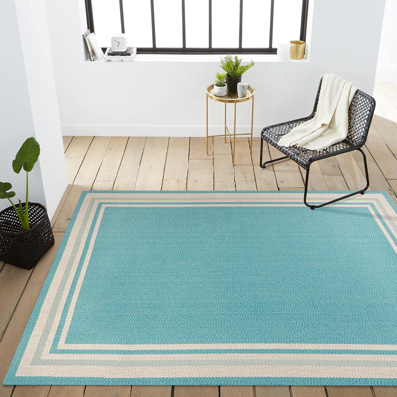 Aqua and Beige 3' x 5' Modern Stripe Synthetic Indoor/Outdoor Rug