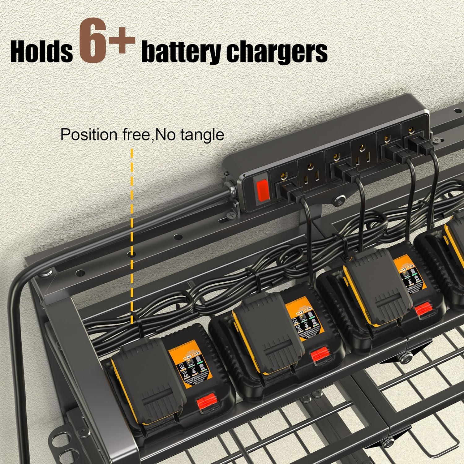 Spampur Power Tool Organizer Wall Mount with Charging Station, Garage Tool Shelf 6 Drill Holders, Tool Battery Holder with Plier holder Heavy Duty Rack, Tool Storage Rack with 4 Outlet Power Strip