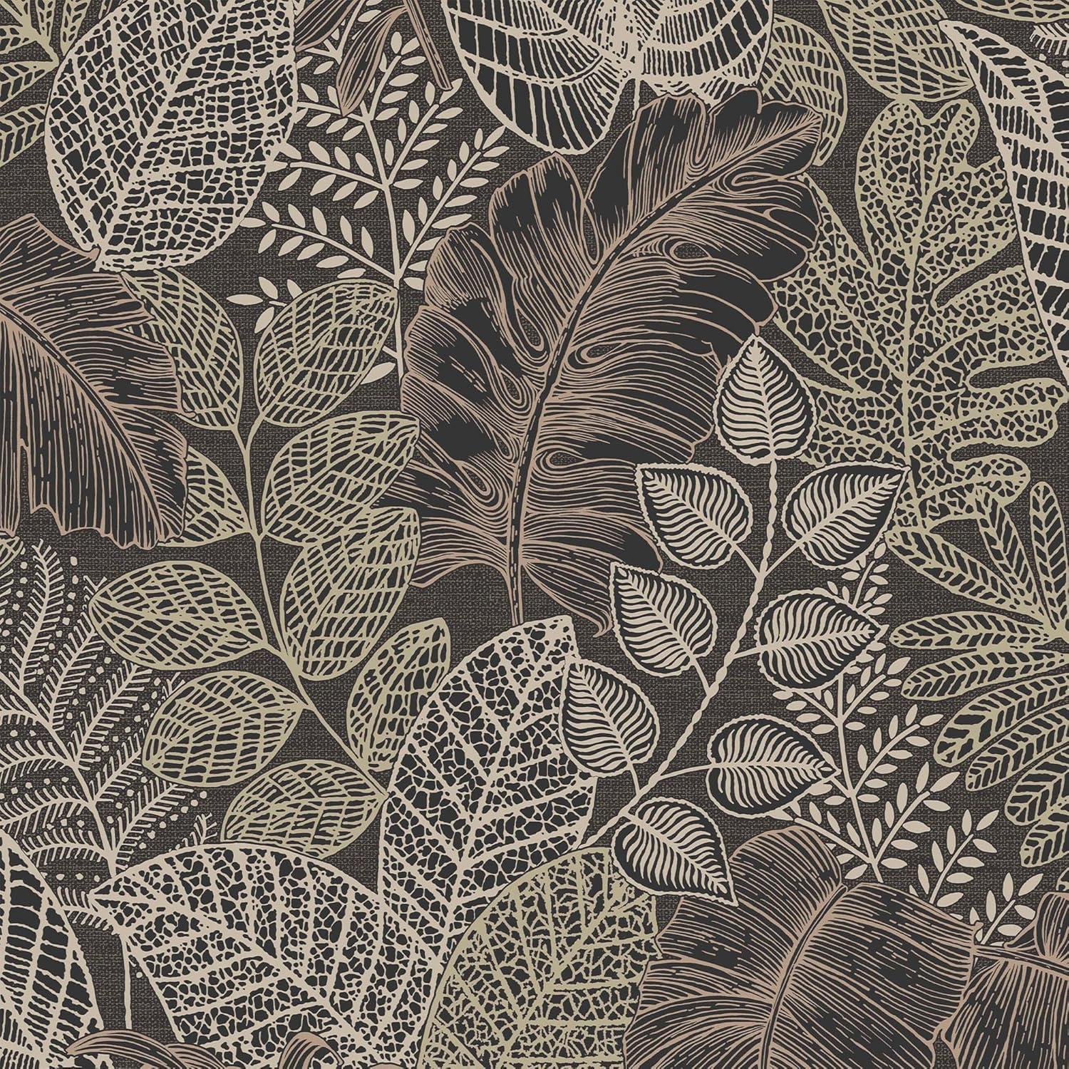 Superfresco Easy Scattered Leaves Charcoal and Gold Wallpaper