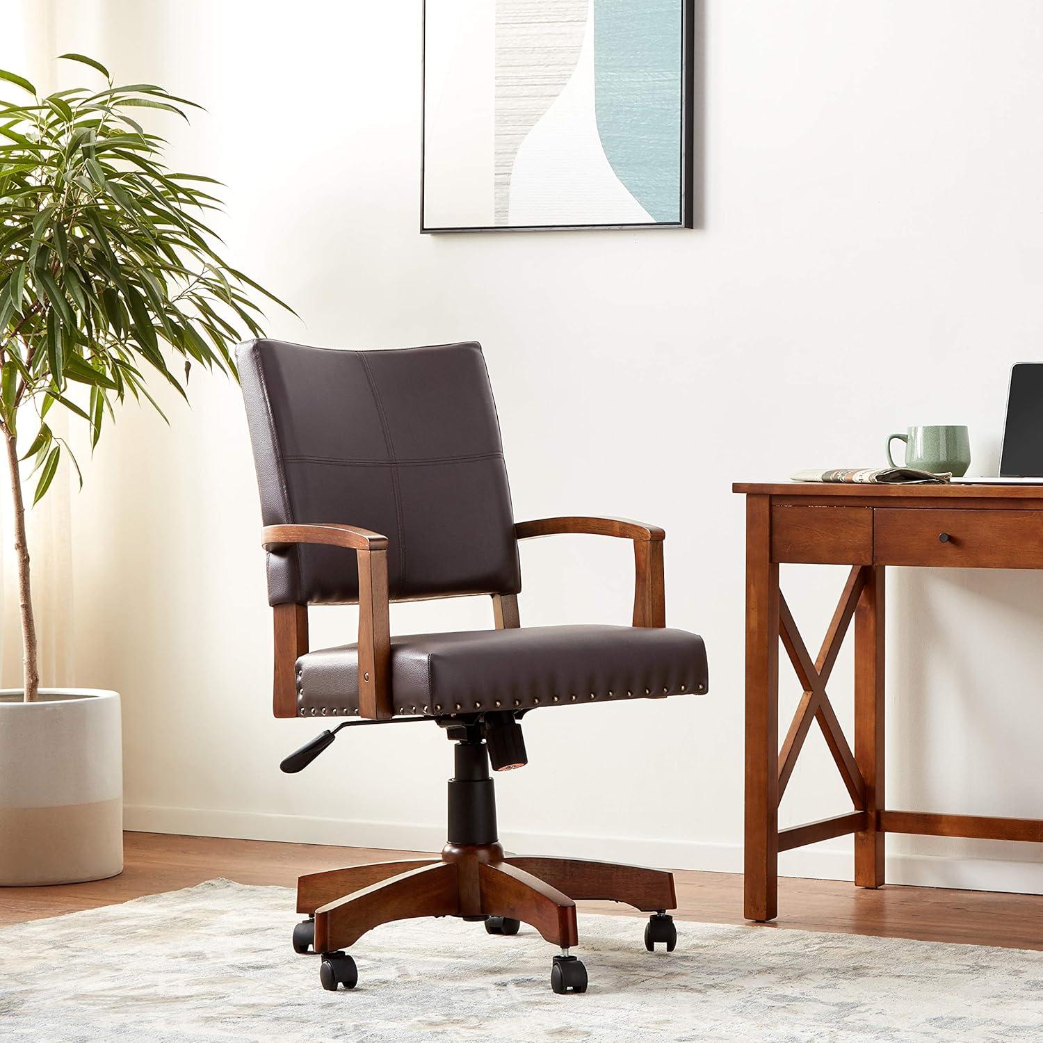 Espresso Leather Swivel Wood Banker Chair with Armrests