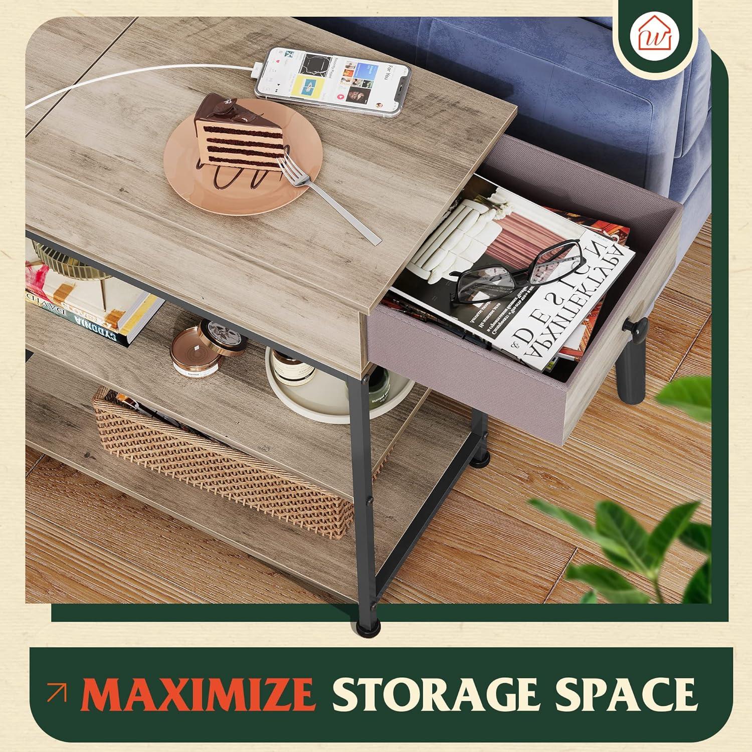 Greige Wood Narrow Side Table with USB Ports and Storage