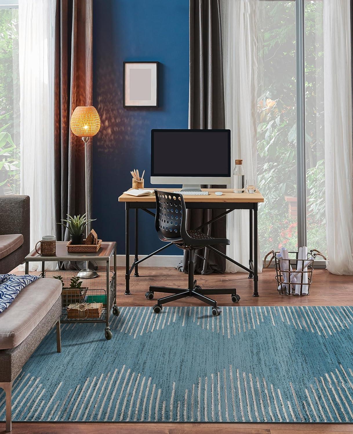 Blue 5' x 7' Geometric Stripe Synthetic Area Rug