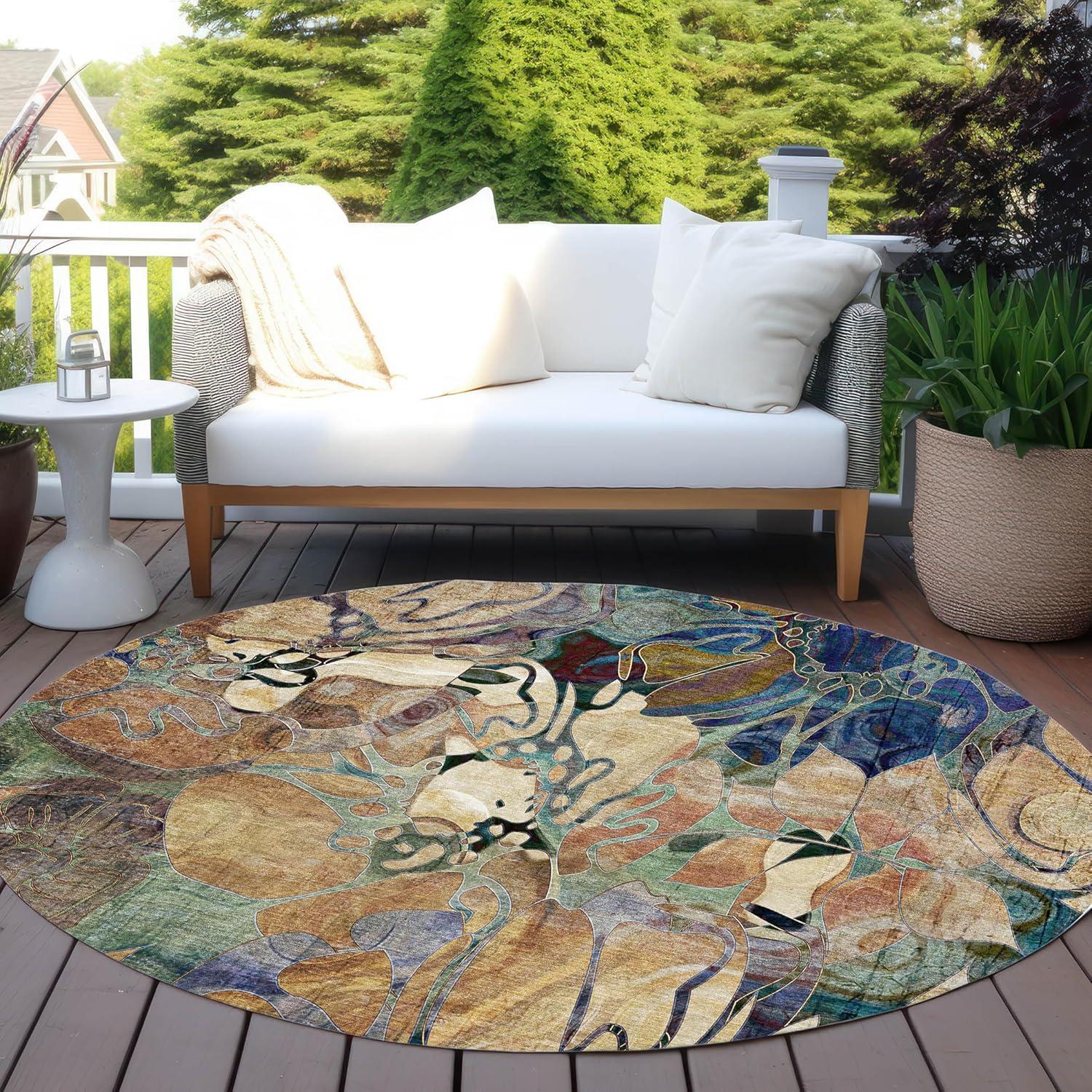 Beige and Multicolor Synthetic Floral Round Area Rug