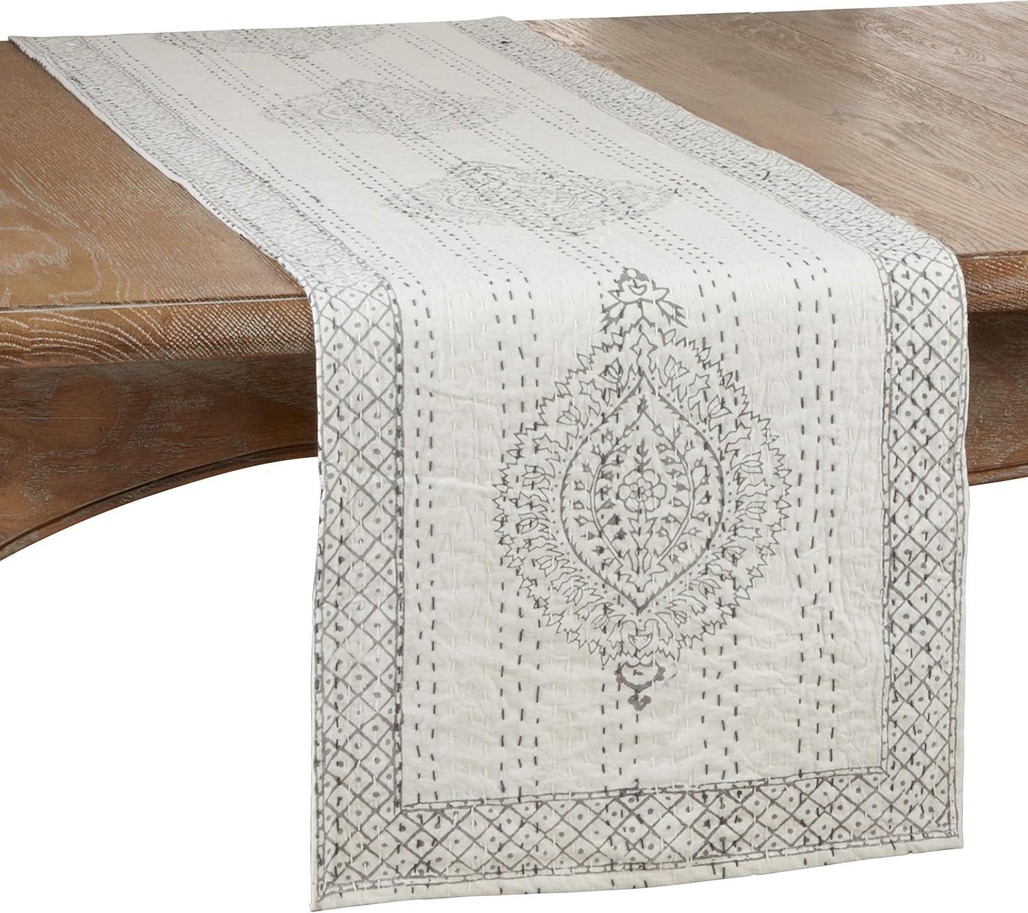 Gray Cotton Kantha Stitch Block Print Table Runner