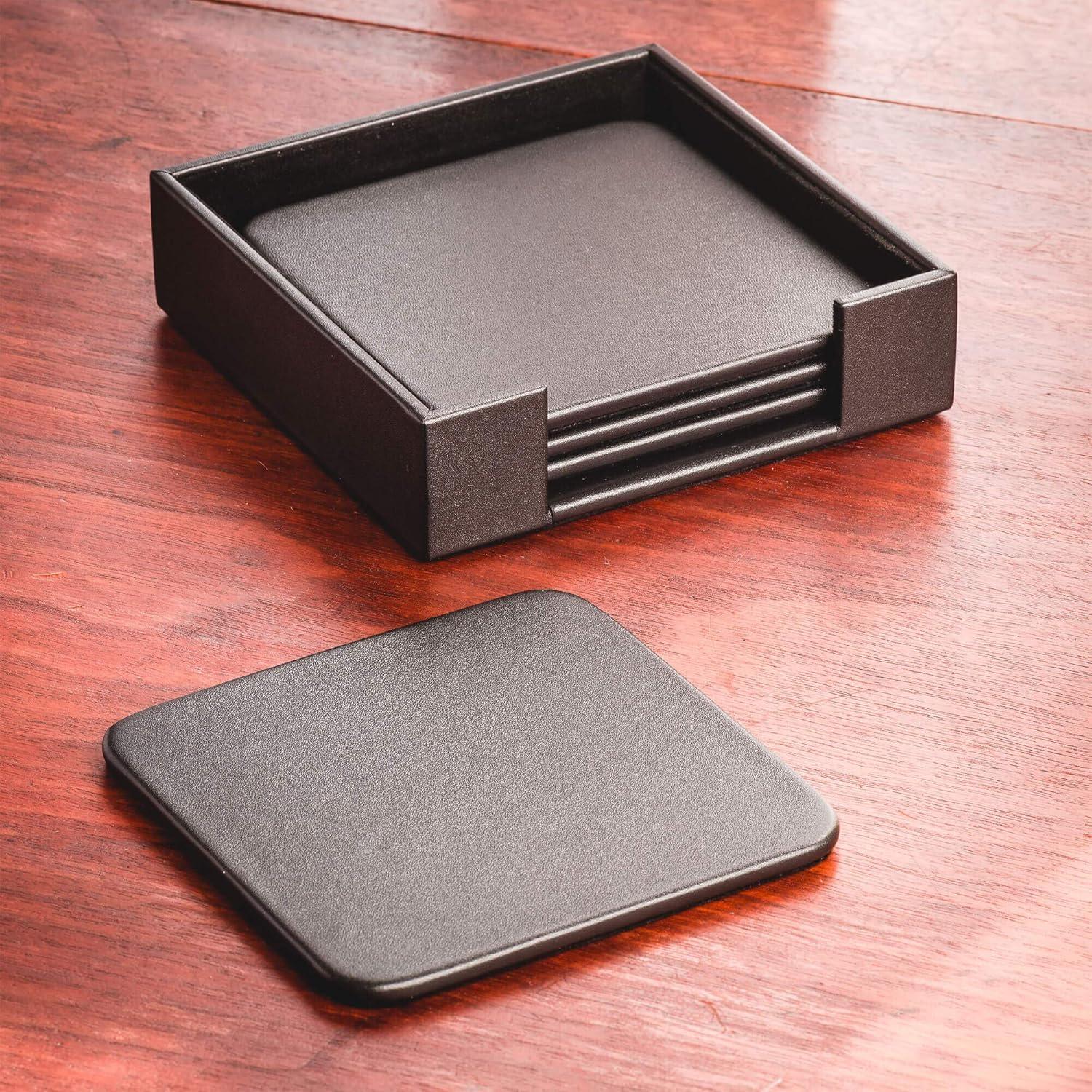 Black Leather 4-Square Coaster Set