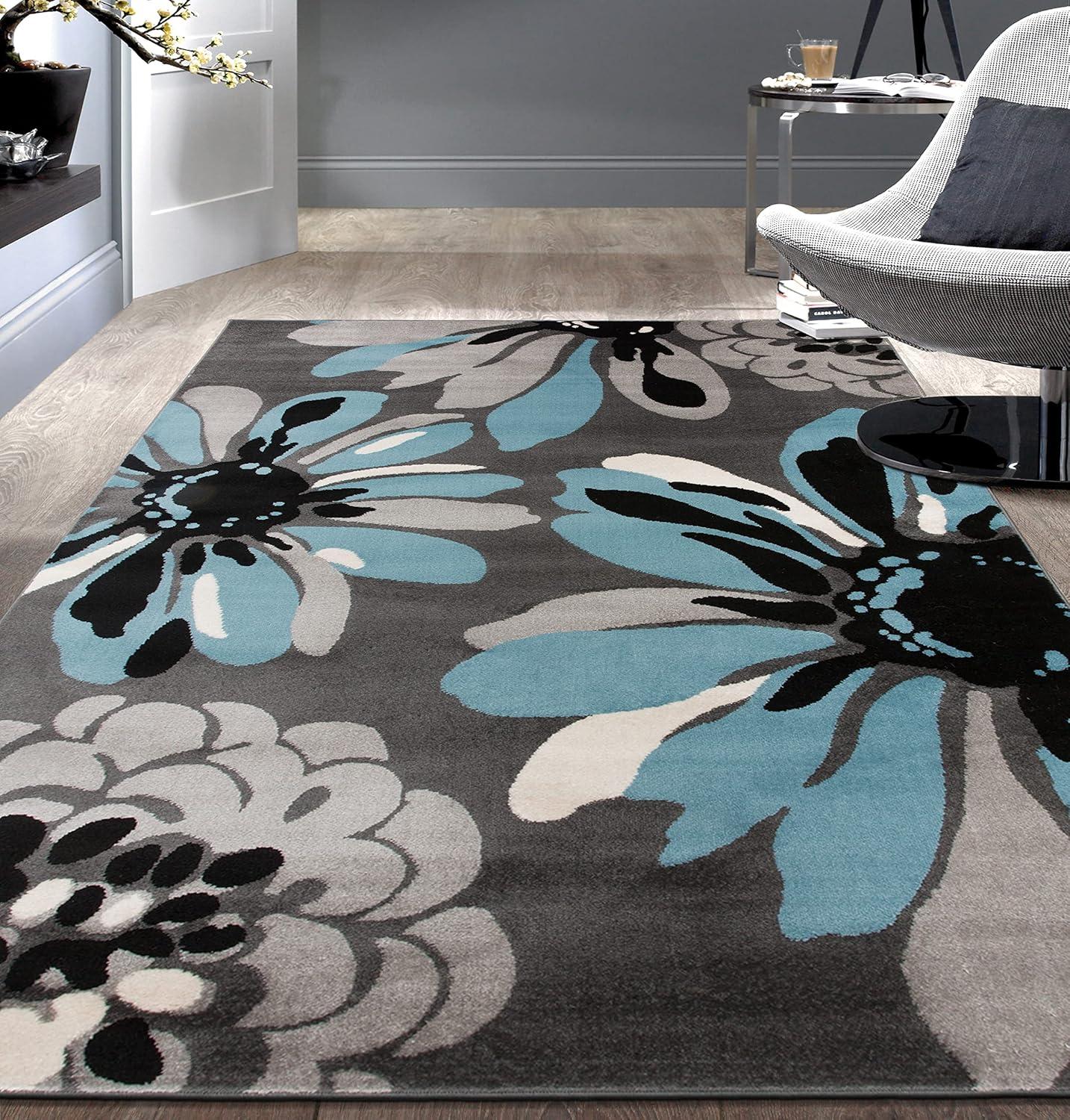 World Rug Gallery Contemporary Modern Flowers Area Rug - Blue 3'3" x 5': Stain-Resistant, Low Pile, Floral Pattern