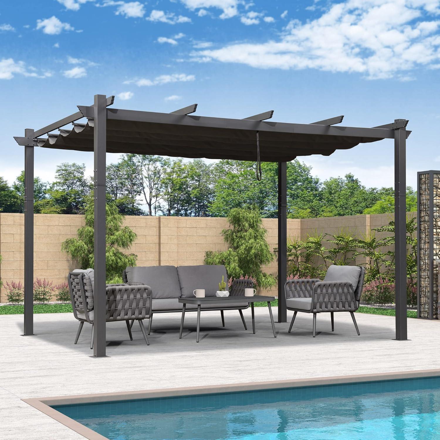 Gray Aluminum Outdoor Pergola with Retractable Canopy, 11' x 13'