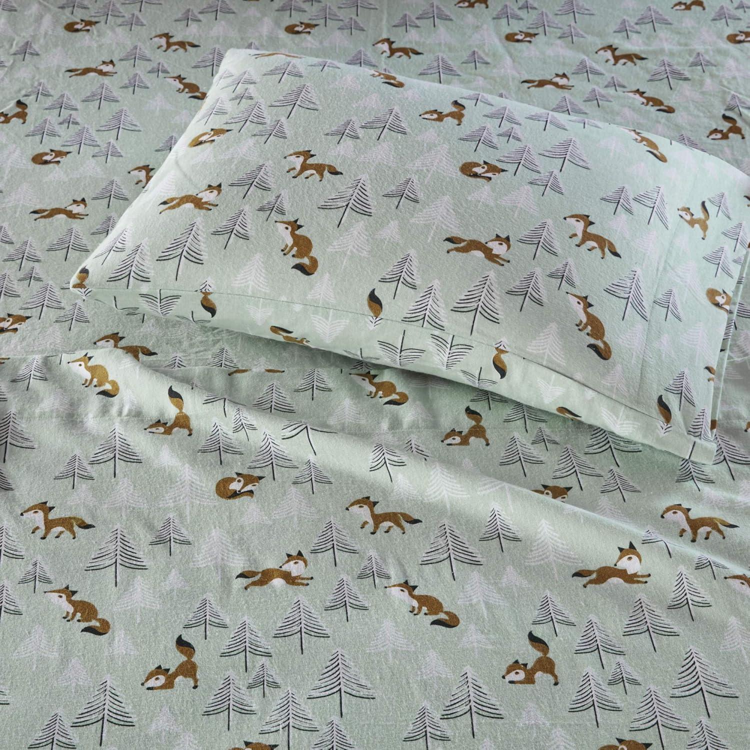 Seafoam Foxes Cotton Flannel Queen Sheet Set