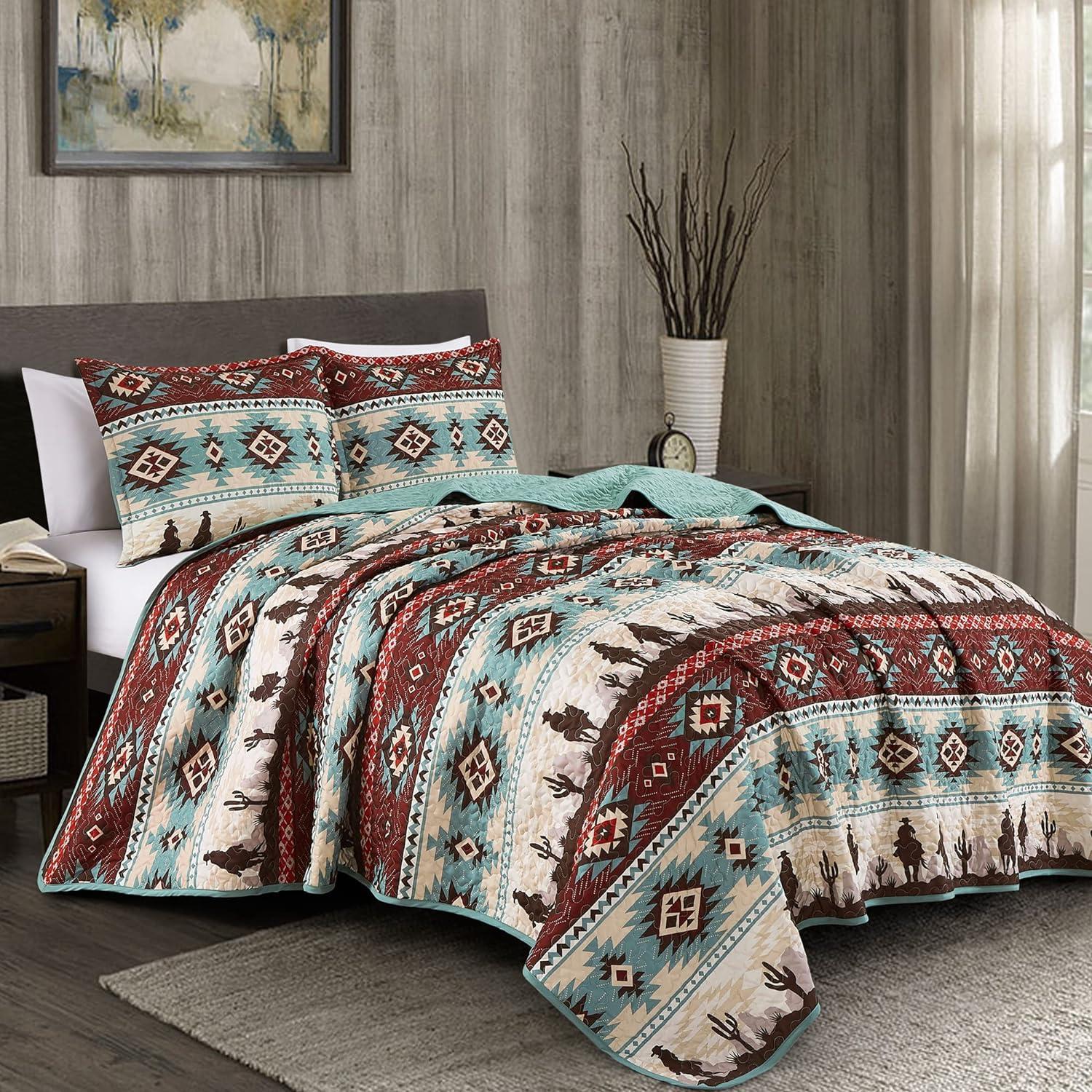 Chezmoi Collection Dune 3-Piece Southwestern Cowboys Quilt Set, Multicolor Teal Brown Beige Tan Red Printed Microfiber Bedspread, King