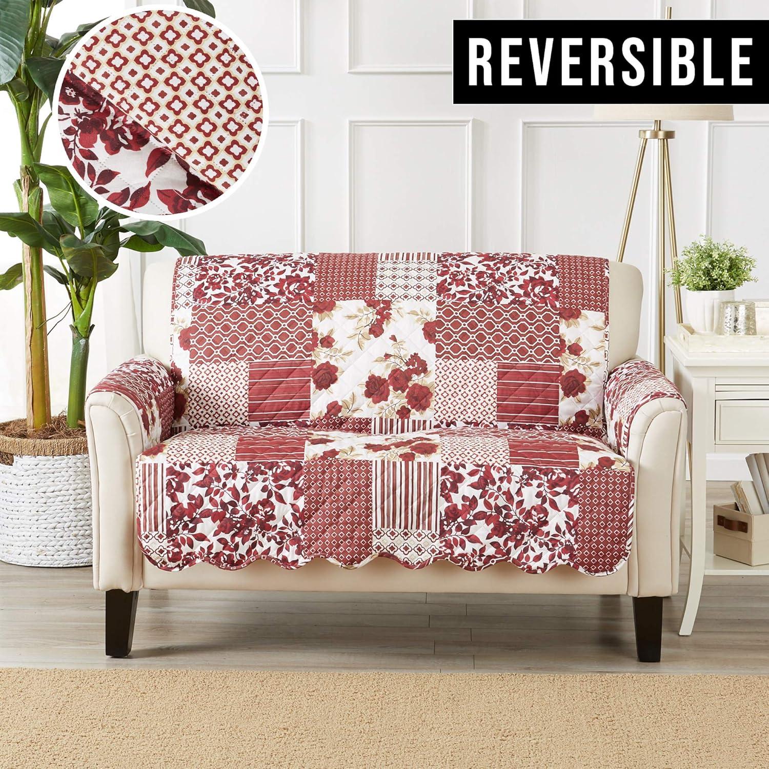 Reversible Stitched Patchwork Sofa Furniture Protector - Great Bay Home(Loveseat, Burgundy)