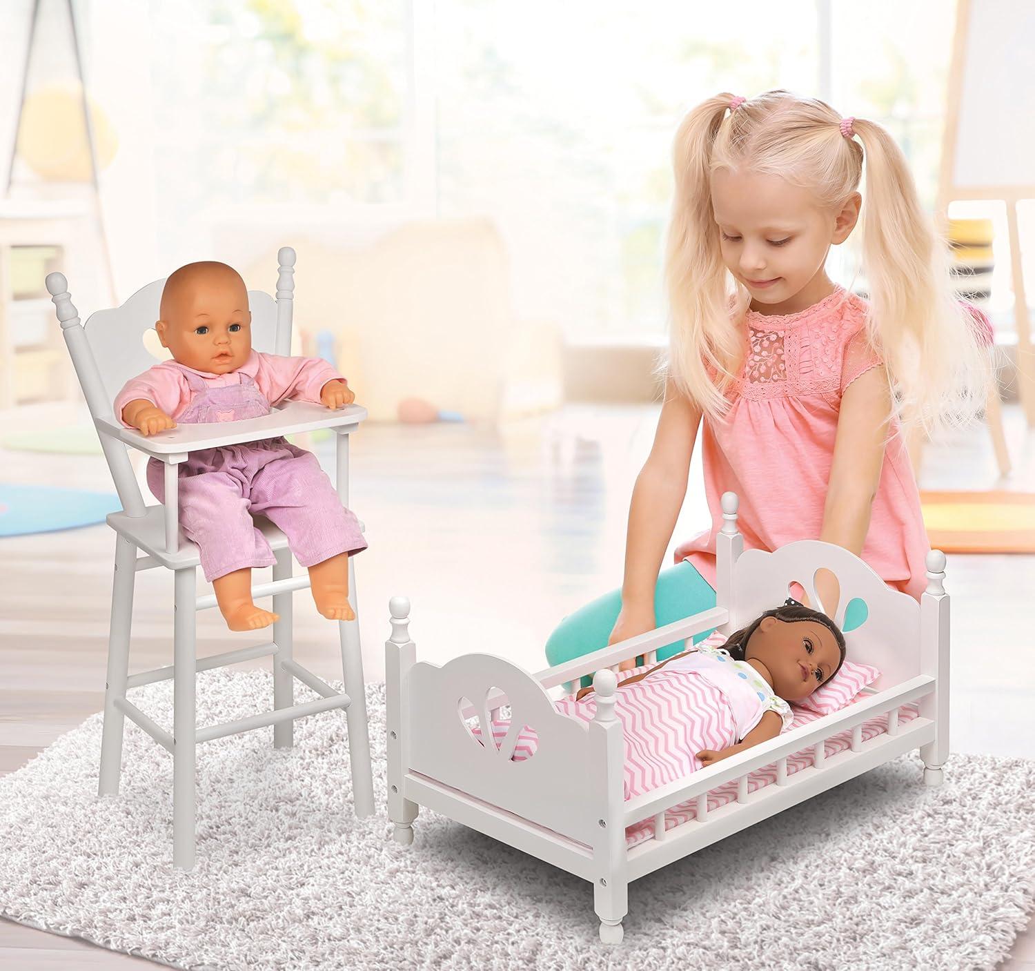 English Country Doll High Chair and Bed Set with Chevron Bedding - White/Pink
