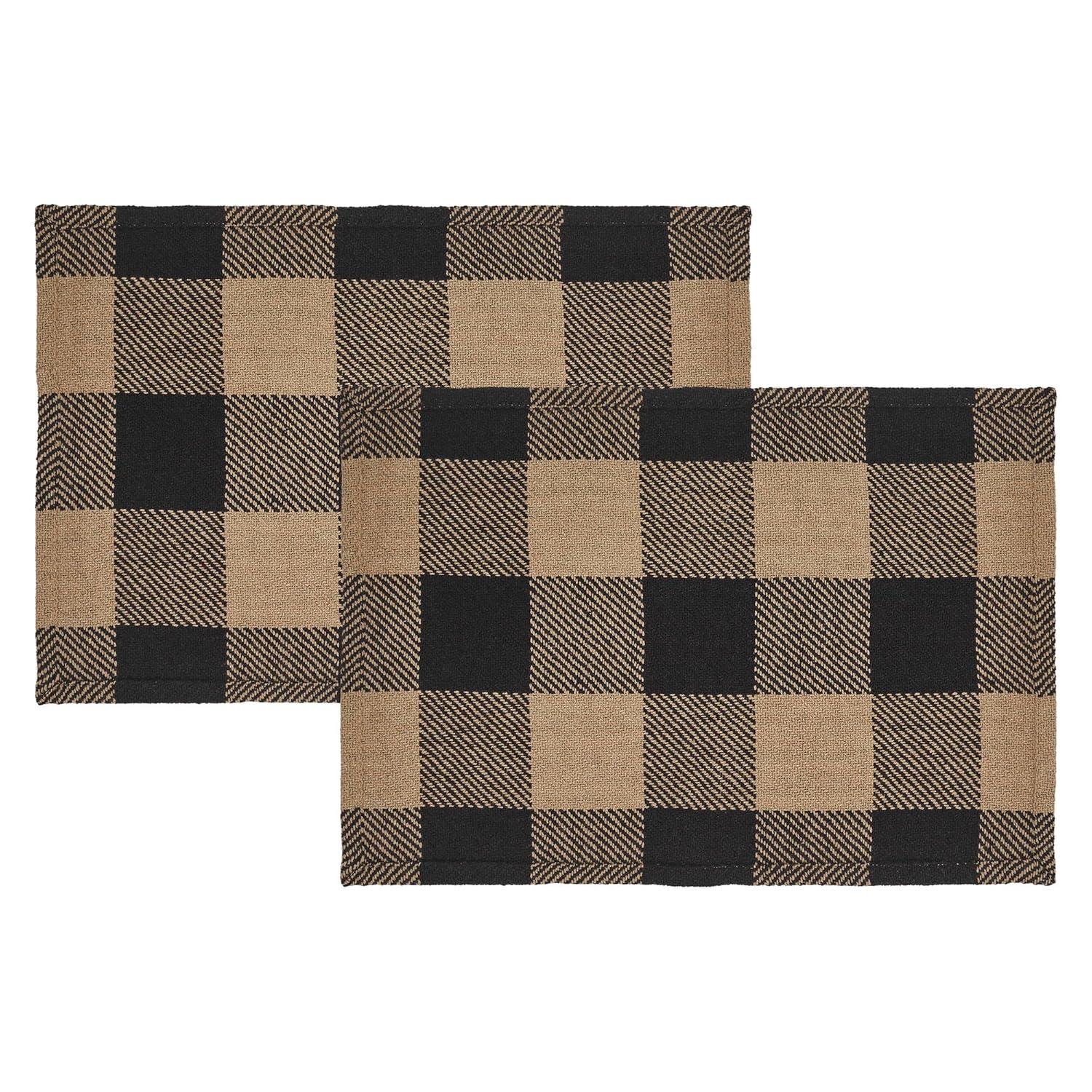 VHC Brands Placemat 13x19 Set of 2, Cotton Dining Room, Kitchen Placemat, Dining Table Placemats, Place Mat, Black Check Collection, Rectangle 13x19, Country Black