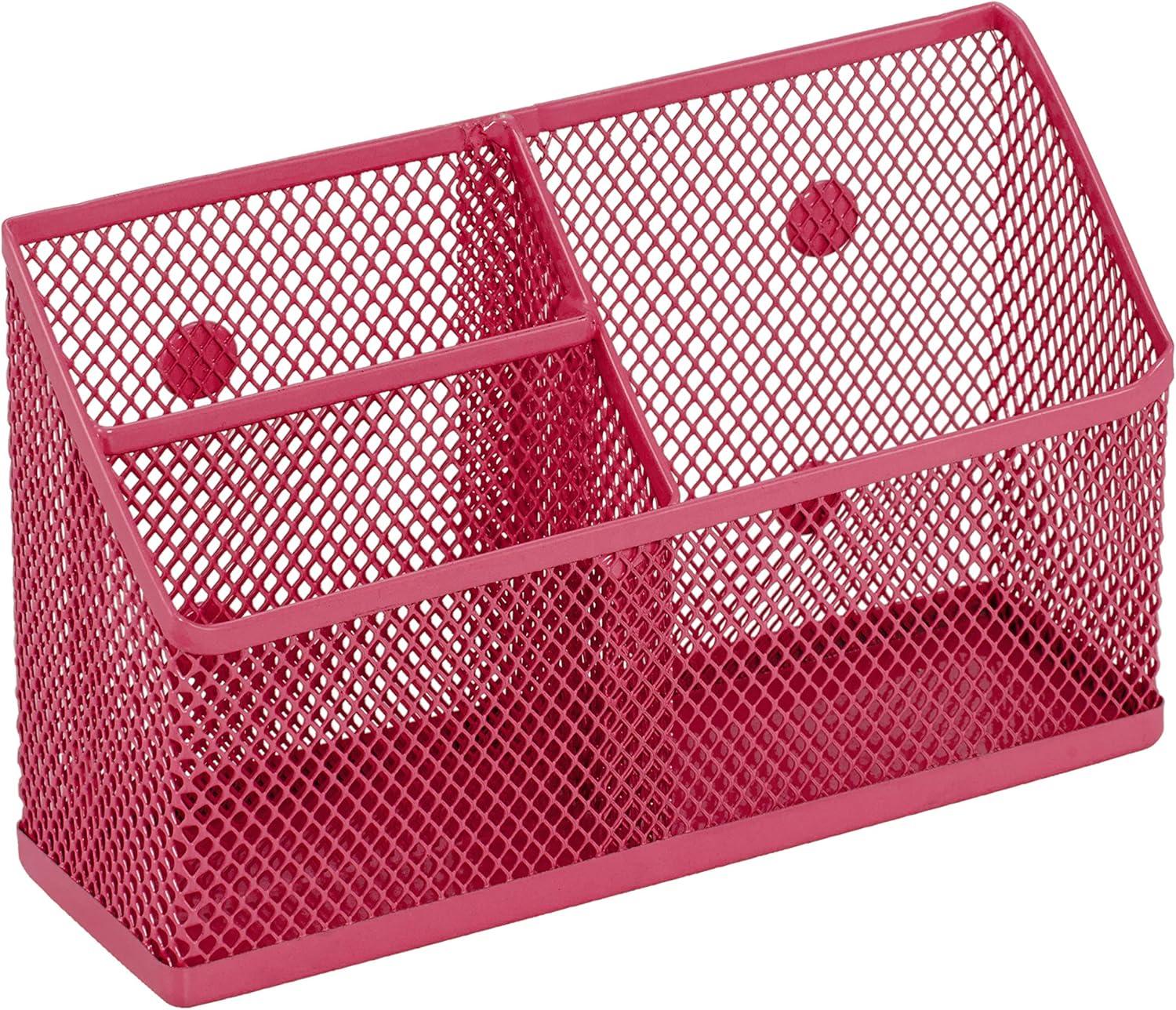 LockerMate Magnetic Pencil Holder, Locker Organizer with 3 Mesh Storage Compartments, Pink