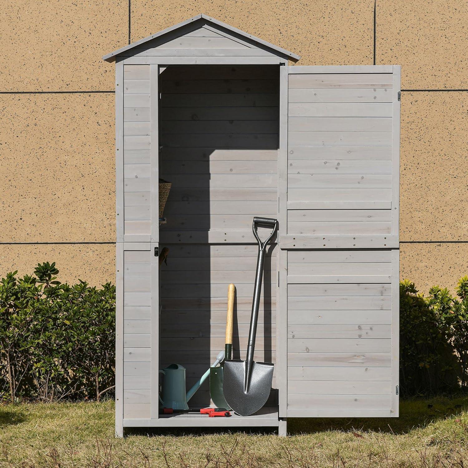 Outsunny 35.5" x 24.75" x 78.75" Wooden Storage Shed Cabinet, Outdoor Tool Shed Organizer with 3 Shelves Handle Magnetic Latch Foot Pad, Light Gray