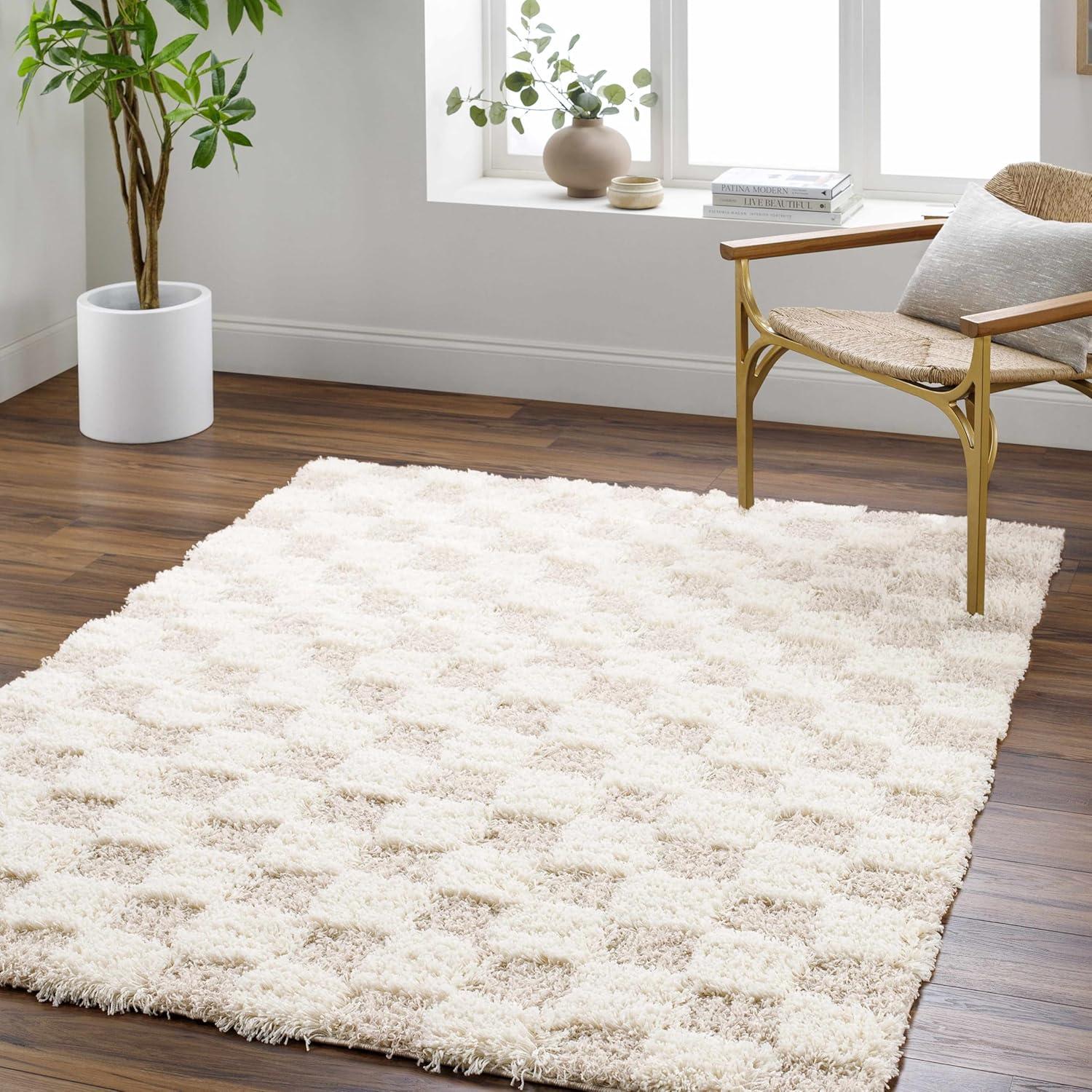 Hauteloom Atira Checkered Shag Area Rug - Checkboard Design - High Pile Fluffy Shaggy Touch - Square Tiles - Kids Room, Nursery, Living Room Shaggy Carpet - Beige, Cream, White - 6'7" x 9'6"