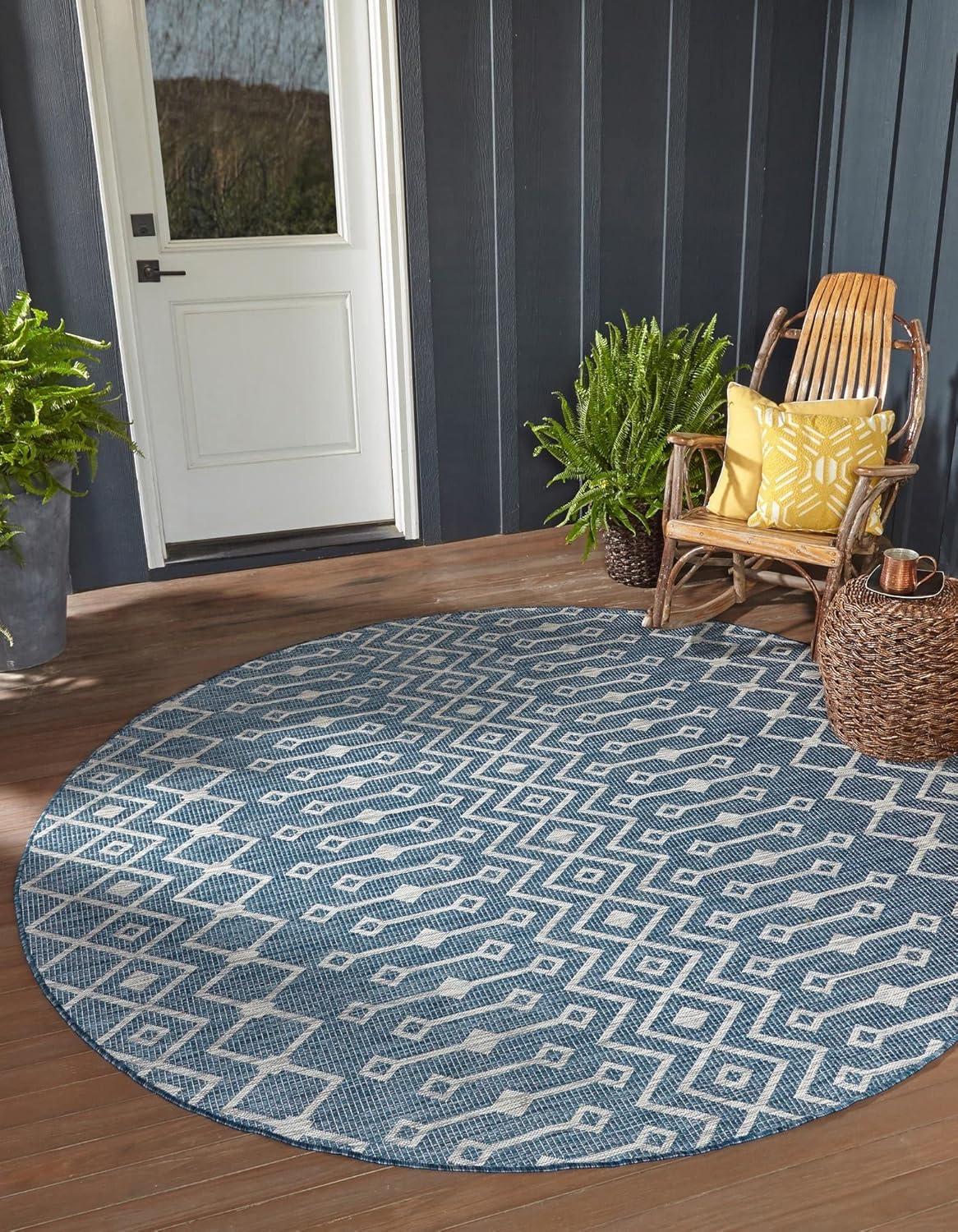 Unique Loom 10' 0 x 10' 0 Round Indoor/Outdoor Trellis Blue Area Rug