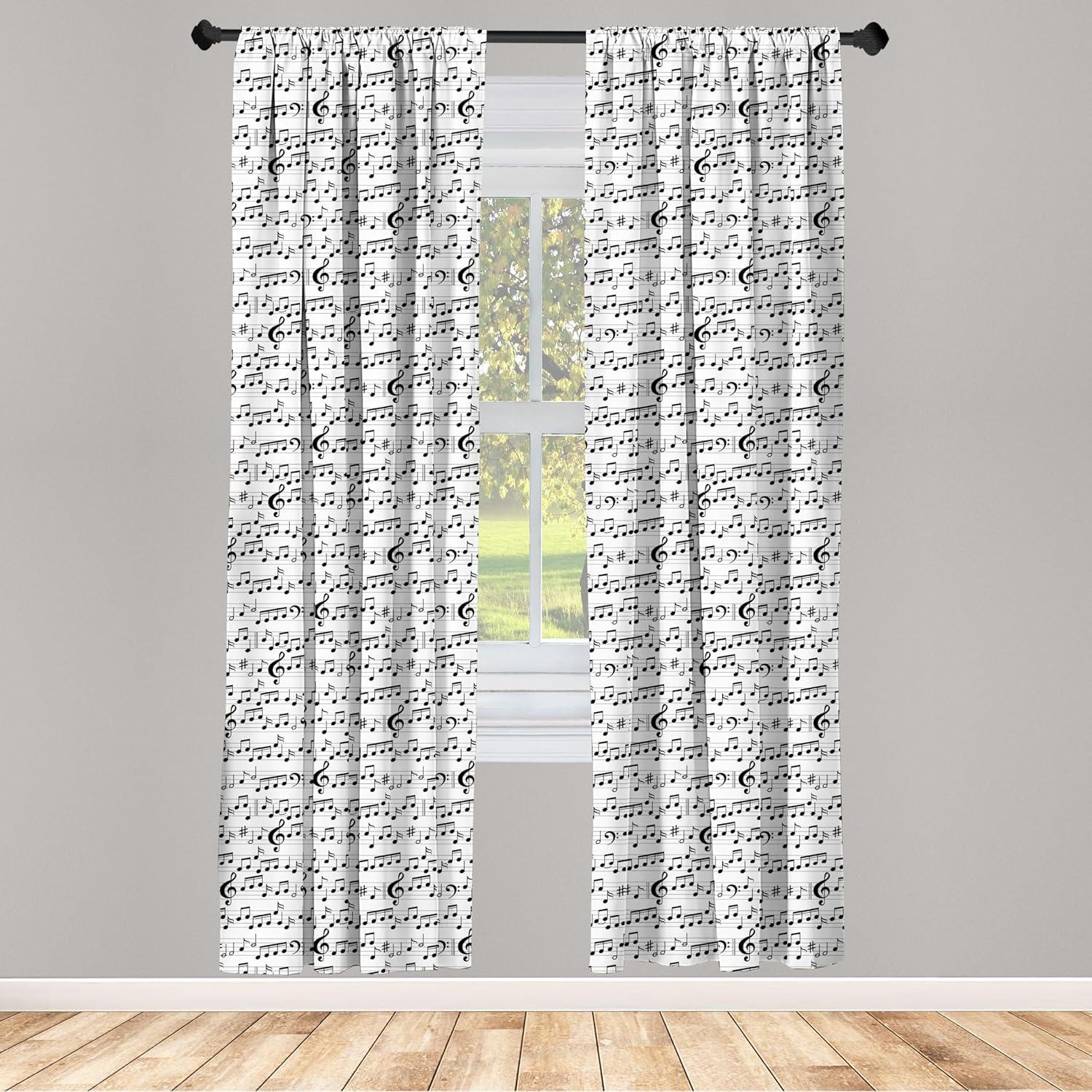 Ambesonne Music Curtains, Abstract Clef Sheet, Pair of 28"x63", Black White