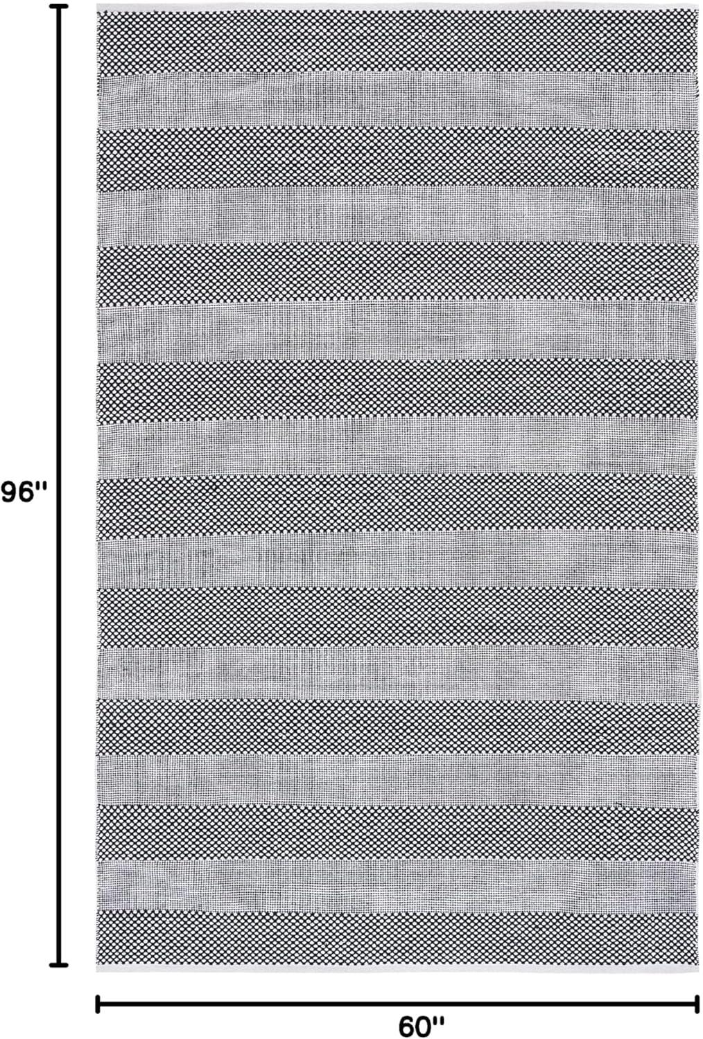 Ivory and Black Striped Wool Cotton Flat Woven Area Rug