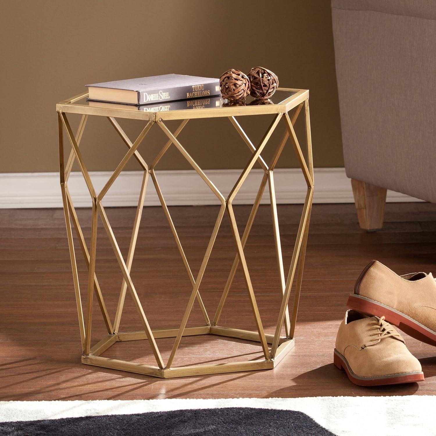 Hexagonal Gold Metal and Mirrored Accent Table