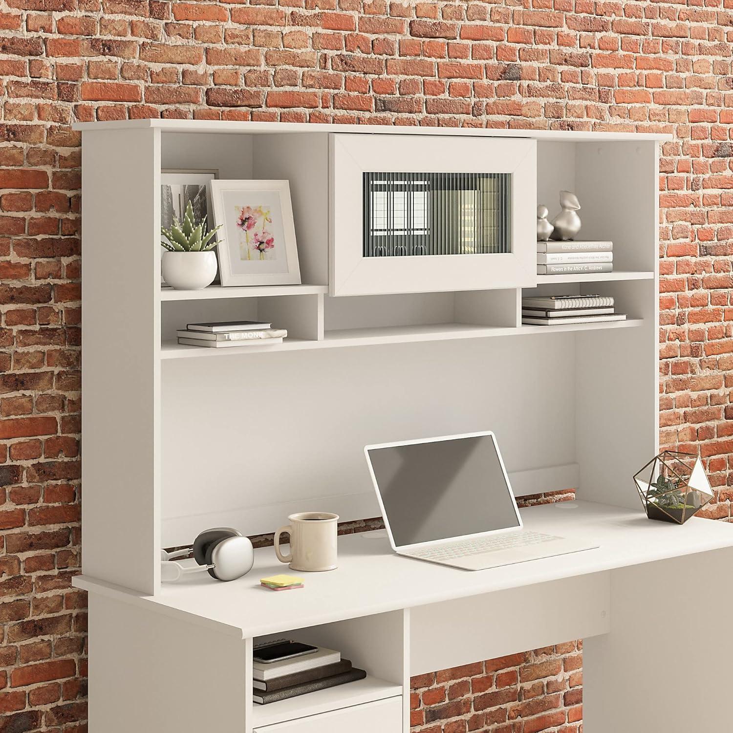 Elegant White Desk Hutch with Fluted Glass Door and Cable Management