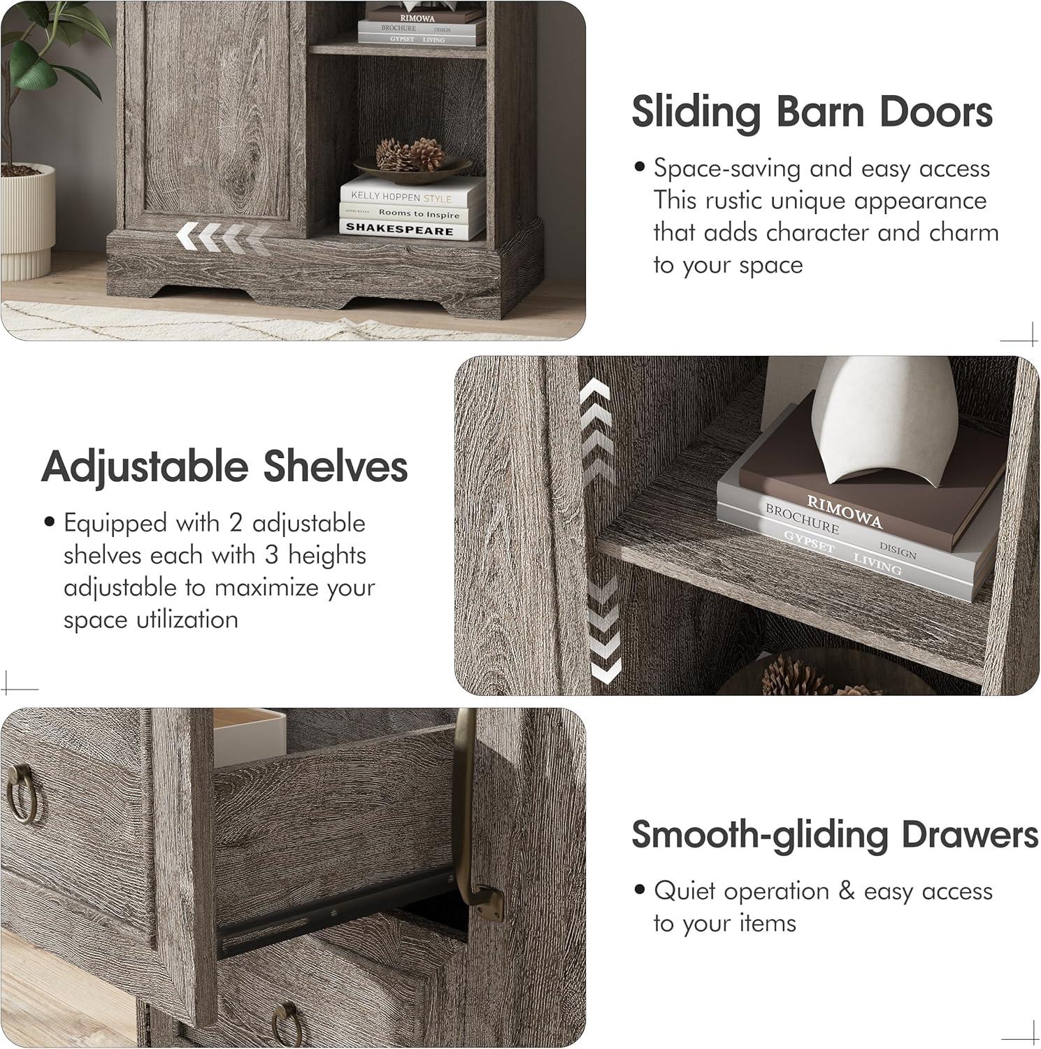 Gracie Oaks 5 Drawers Dresser With Cabinet, 48" Tall Chest, Wooden Closet Dresser With Sliding Barn Door For Living Room, Hallway