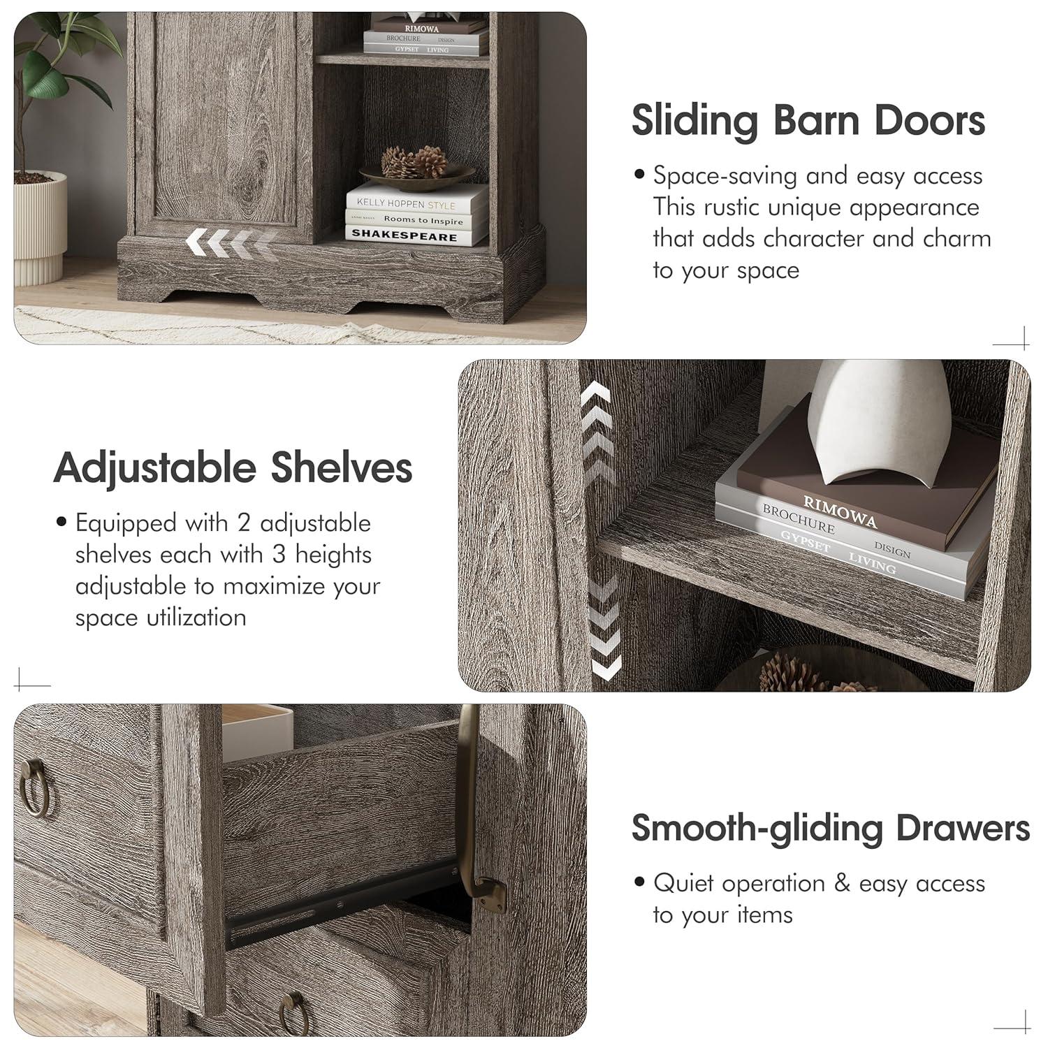 Gracie Oaks 5 Drawers Dresser With Cabinet, 48" Tall Chest, Wooden Closet Dresser With Sliding Barn Door For Living Room, Hallway