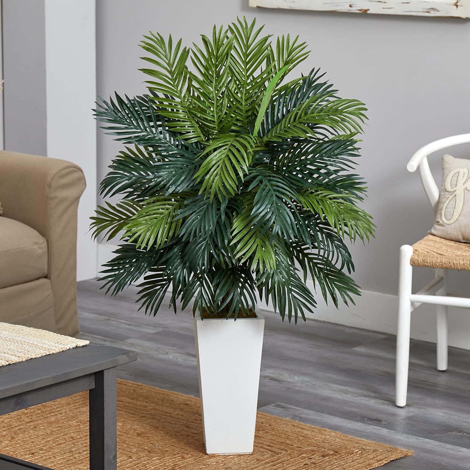 Nearly Natural 45-in Areca Palm Artificial Plant in White Tower Planter"