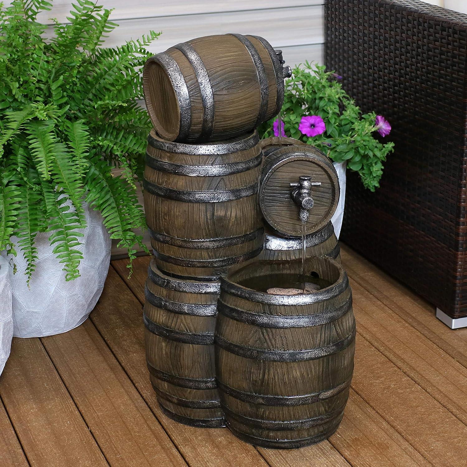 Sunnydaze 29"H Electric Polyresin Stacked Whiskey Barrel Outdoor Water Fountain with LED Lights