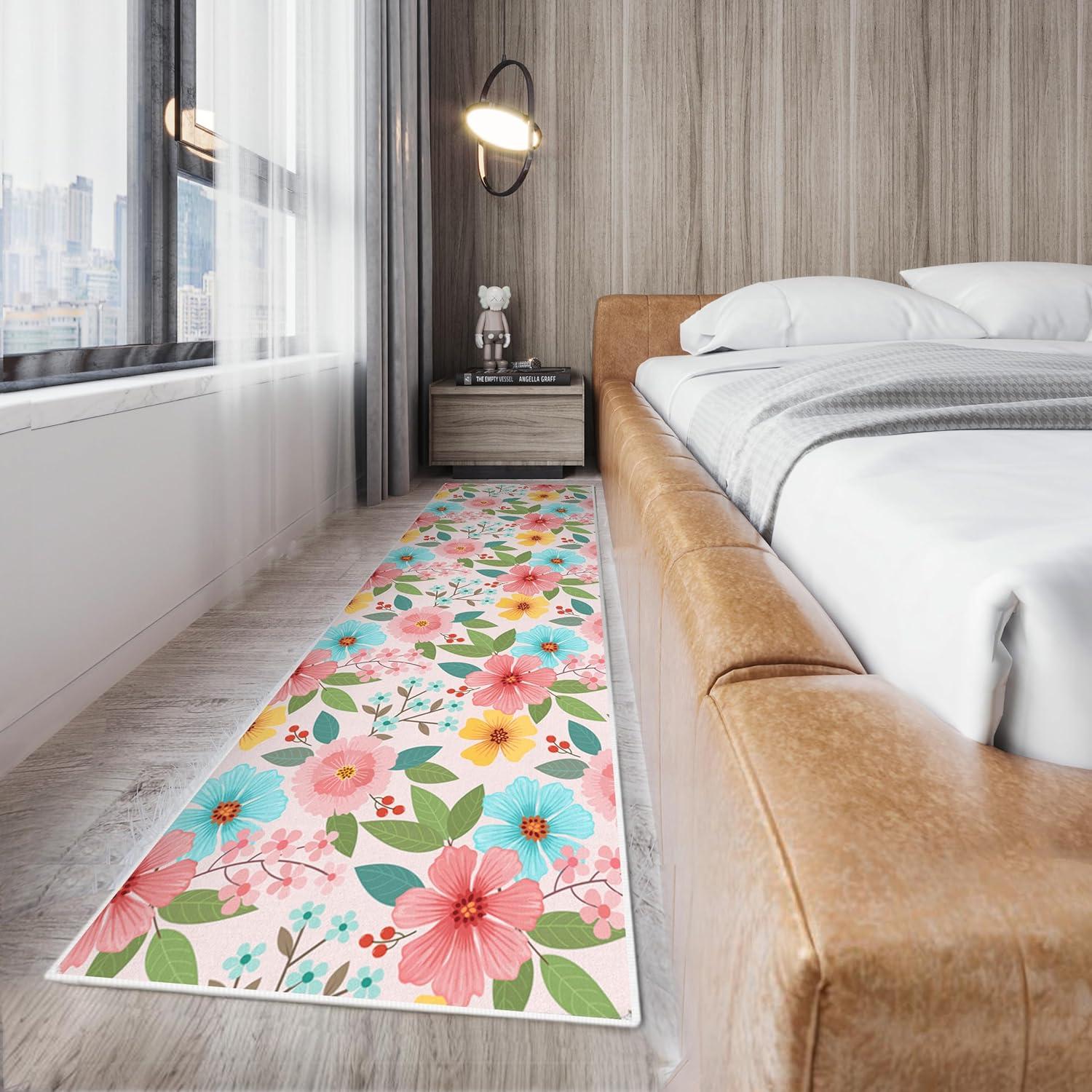 Elegant Floral Rug Hallway Runner Rug- 2 x 6 ft,Non Slip Washable Runner Rugs with Rubber Backing Soft Flowers Carpet Runner for Bedroom Kitchen Dining Room Laundry-Pink