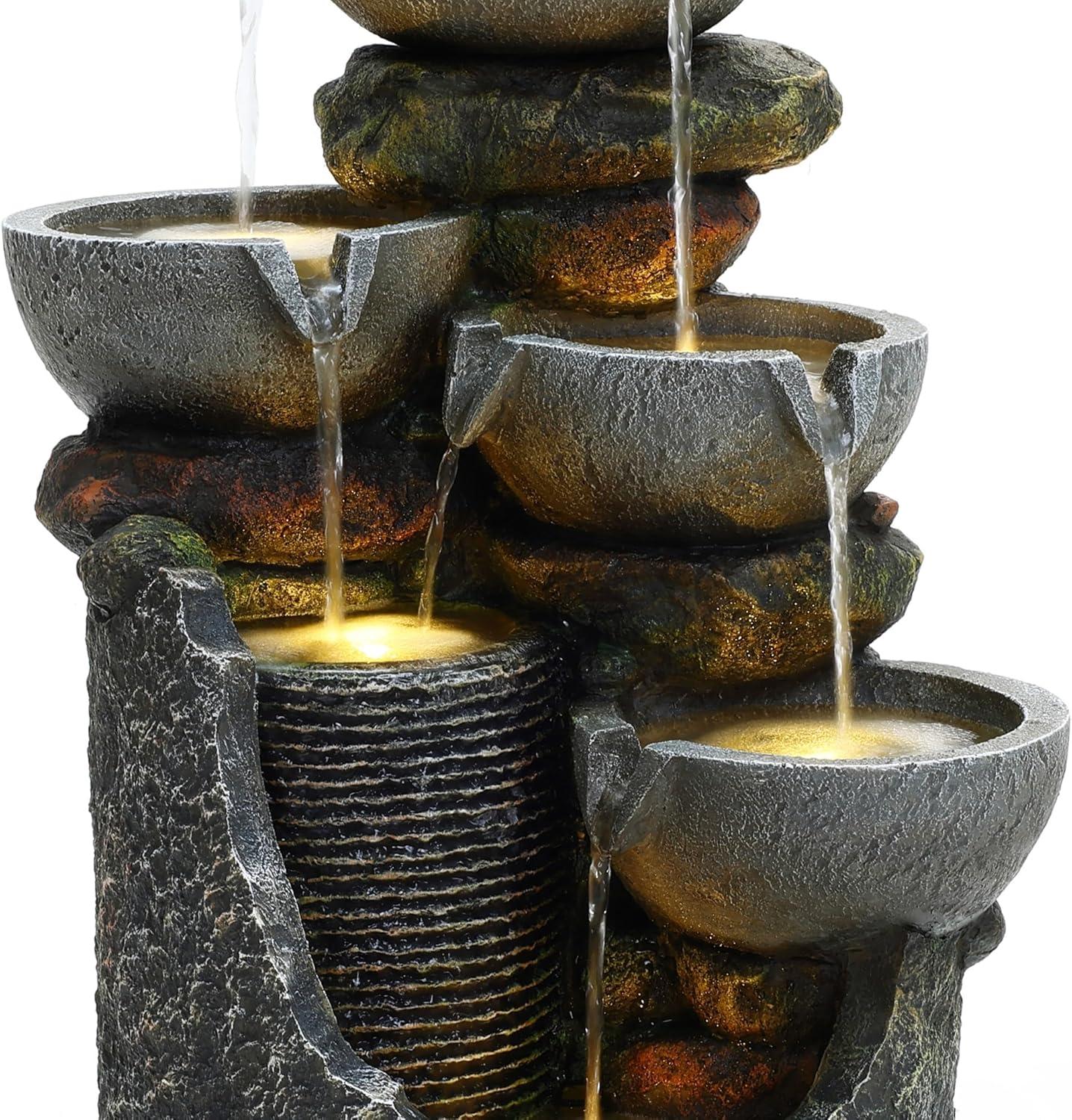 LuxenHome 25" Small Water Fountain Outdoor, Cascading Bowl Garden Water Features with LED Lights Gray
