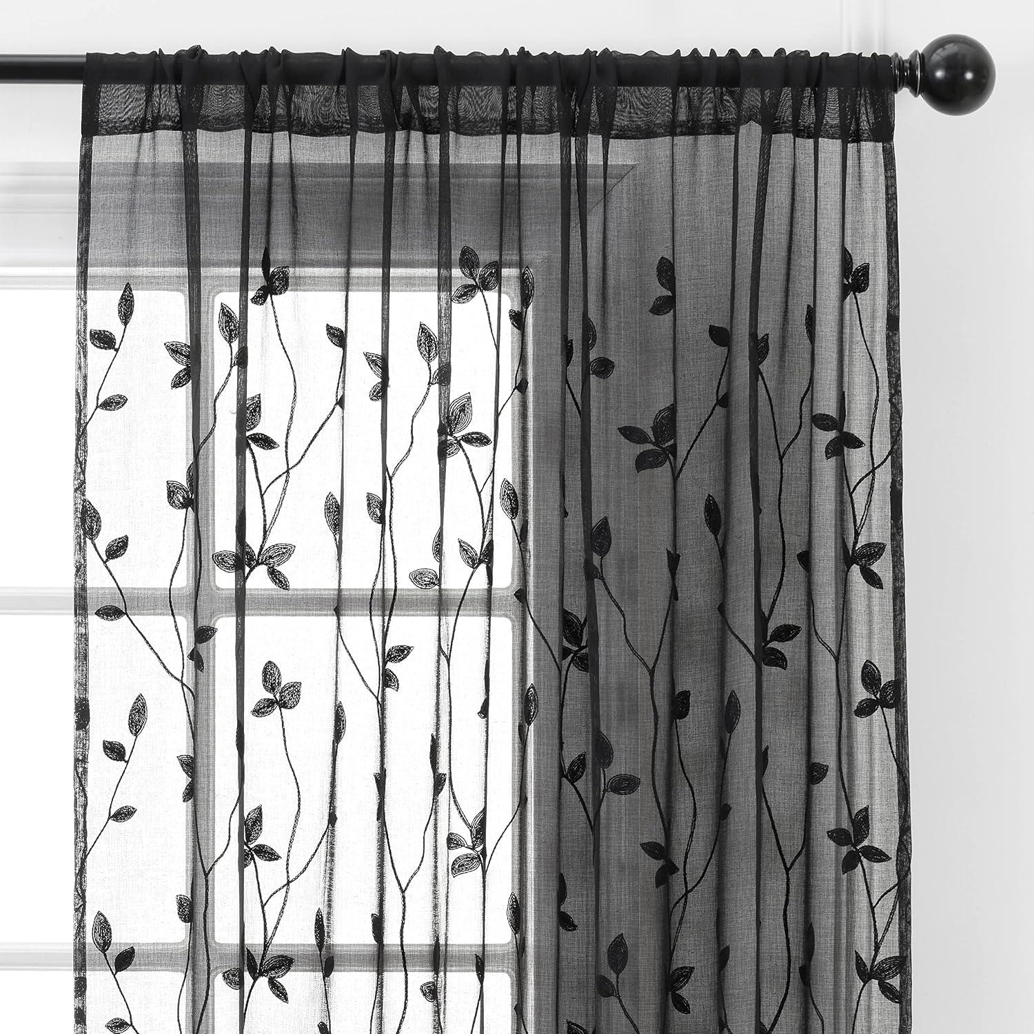 Chanasya 2pk Embroidered Vine Sheer Window Curtain Panels - Set of 2 - 52 x 96 Inches Long - Sage