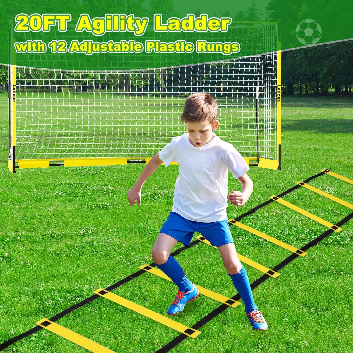 HAOKELBALL Soccer Goal with Agility Ladder and 12 Soccer Cones 12x6 ft Soccer Net for Backyard Quick Setup Portable Soccer Goals with Upgraded Goal Posts and Carry Bag