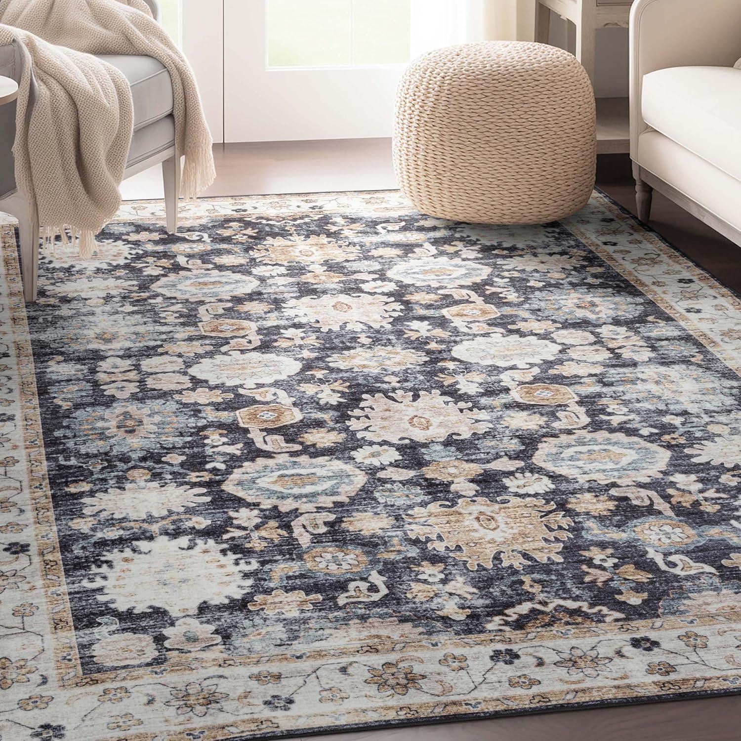 Navy Blue and Black Washable Synthetic Area Rug with Non-Slip Backing