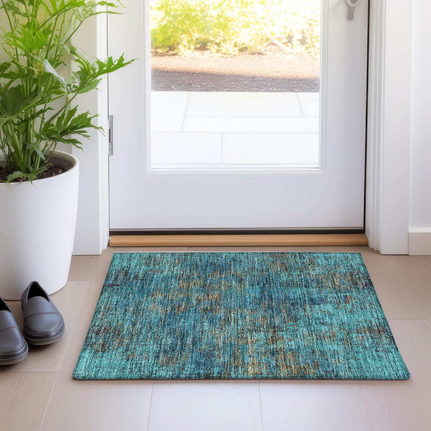 Teal Flat Woven Synthetic Indoor Outdoor Rug 1'8" x 2'6"