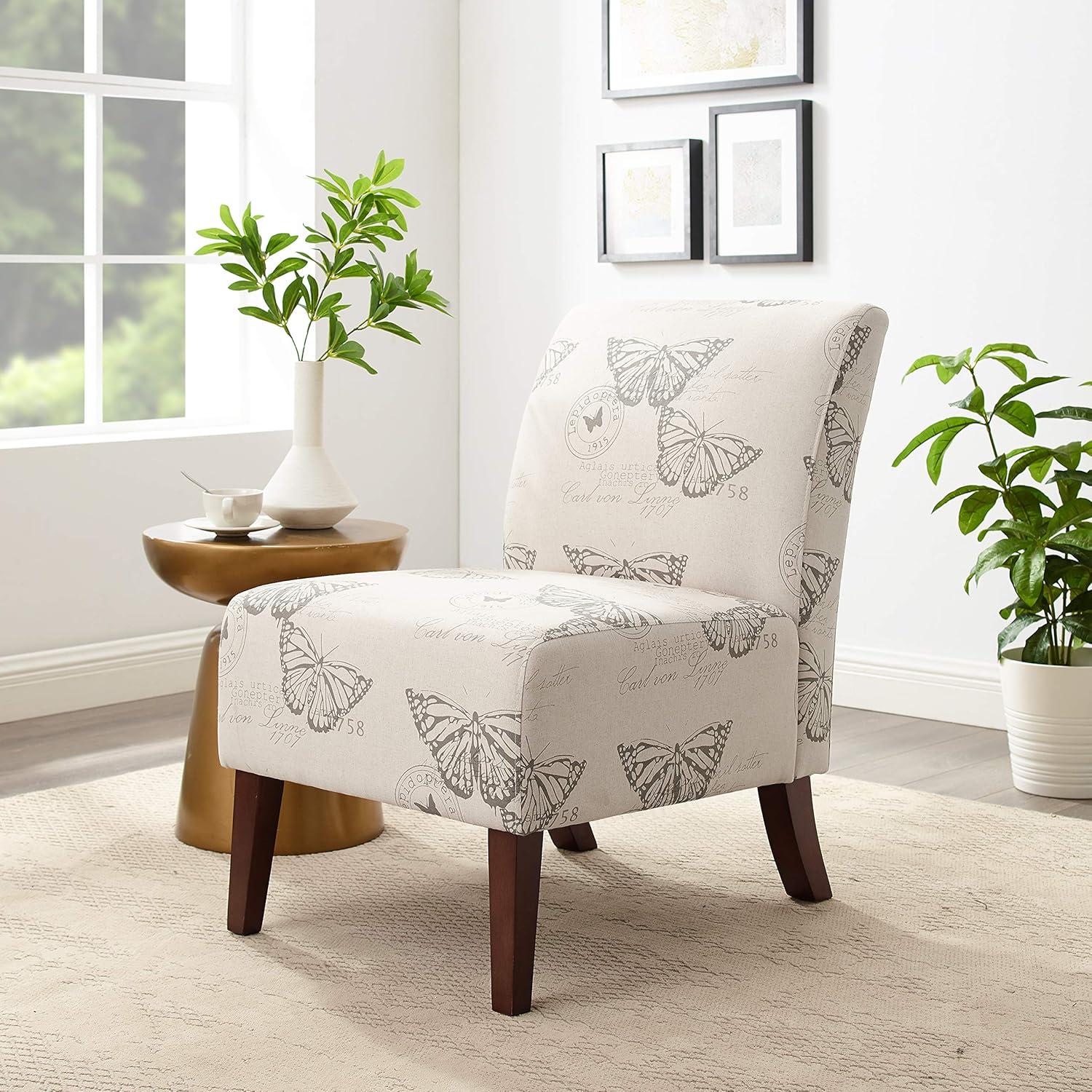 Gray Butterfly Print Linen Slipper Chair with Wood Legs