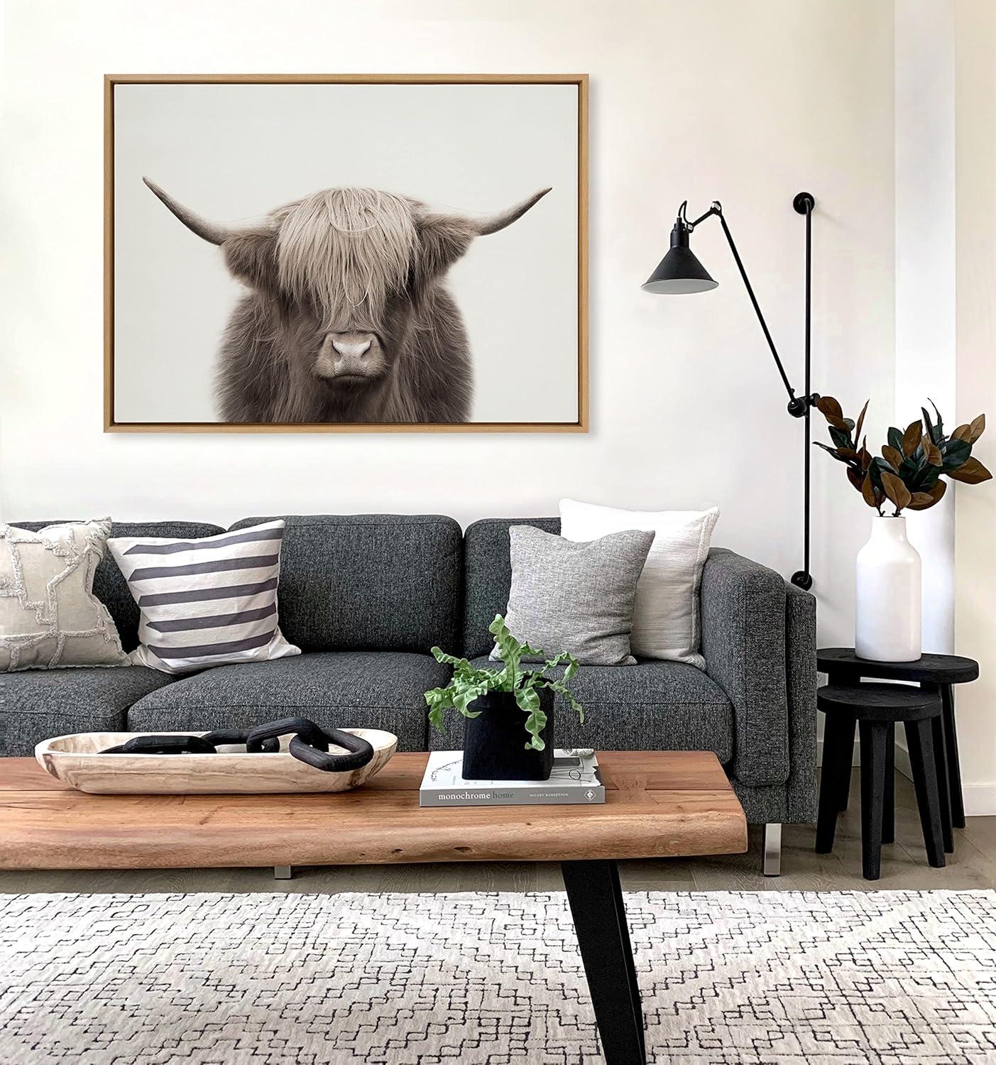 Kate and Laurel Sylvie Hey Dude Highland Cow Color Framed Canvas by The Creative Bunch Studio, 31.5 x 41.5, Natural