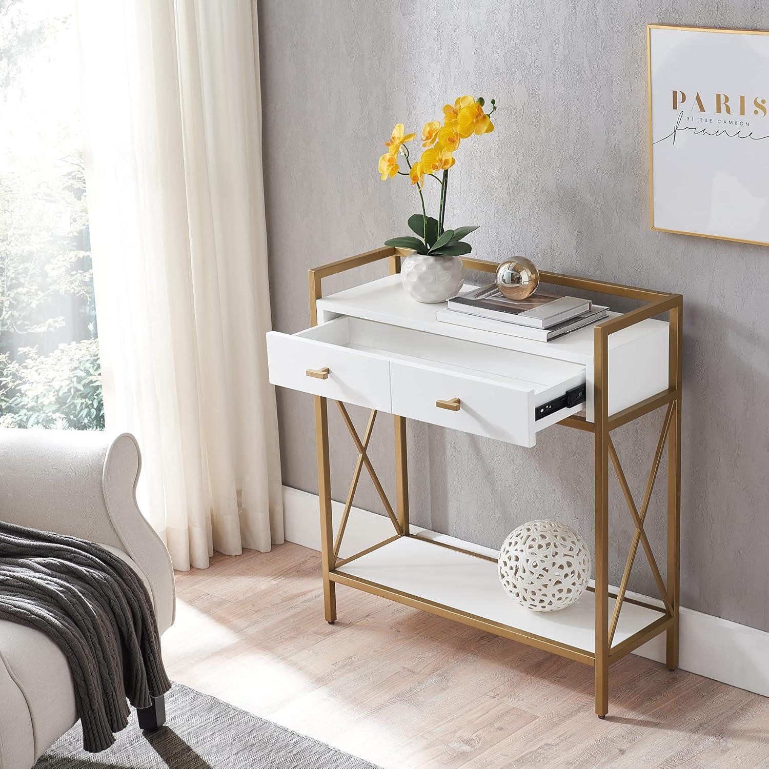 Claudette White and Gold Metal Wood Console Table with Storage