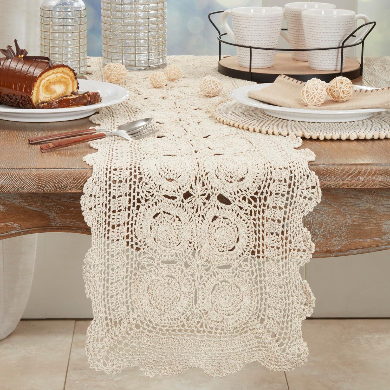 Saro Lifestyle Handmade Crochet Cotton Lace Table Linens, Ecru, 16" x 72"
