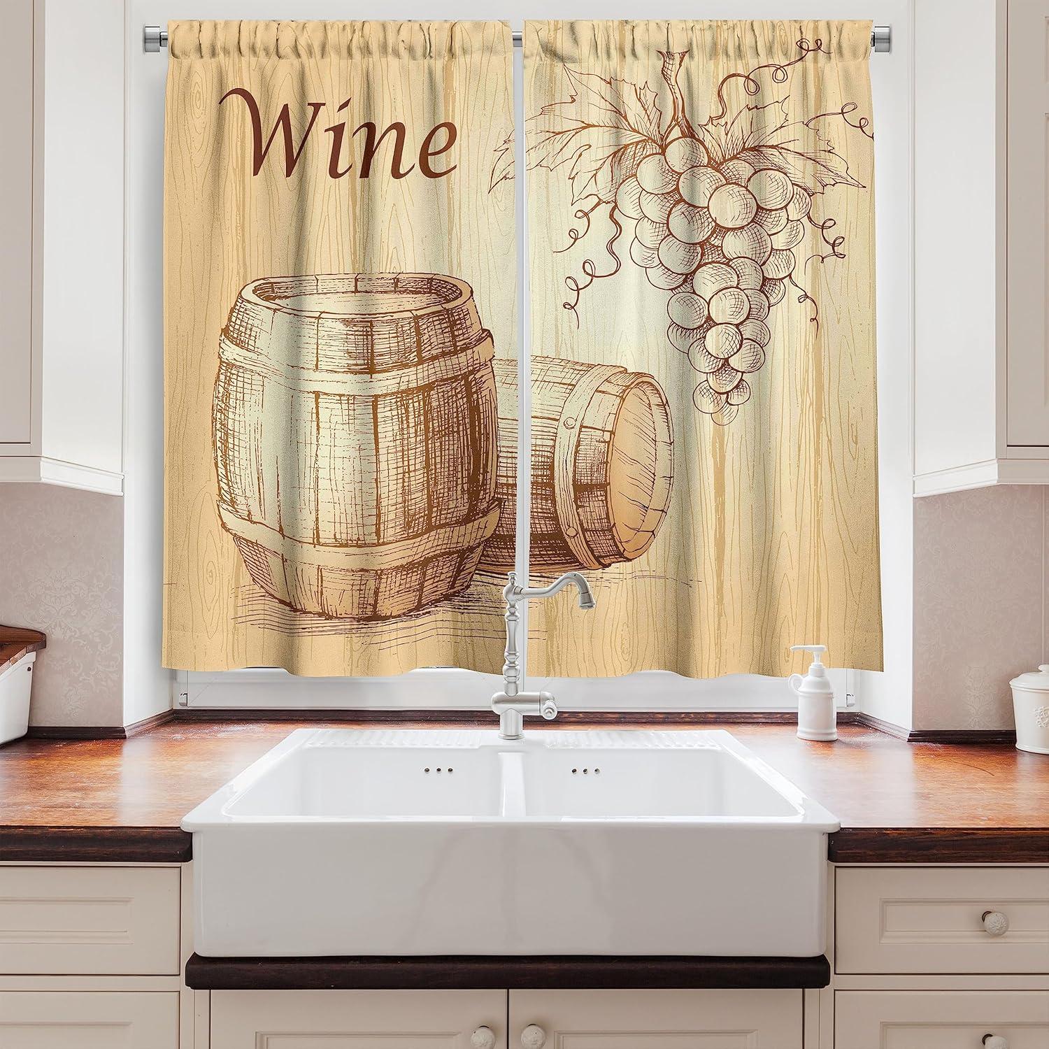 Ambesonne Wine Kitchen Curtains, Bunch of Grapes, 55"x39", Brown Peach
