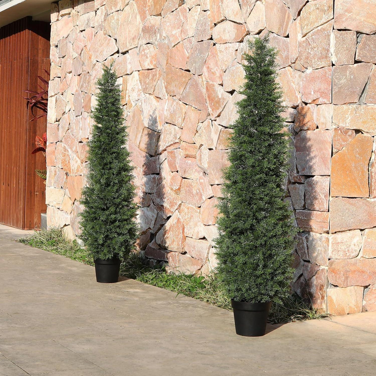 Artificial Cedar Tree 5FT Artificial Cedar Topiary Trees for Outdoors Potted Fake Cypress Trees Faux Evergreen Plants for Home Porch Decor Set of 2