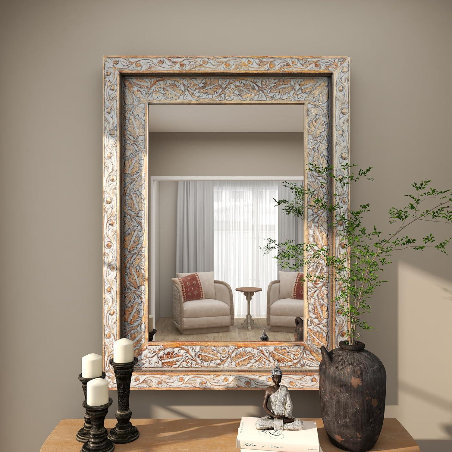 DecMode 36" x 48" Gray Handmade Intricately Carved Floral Wall Mirror