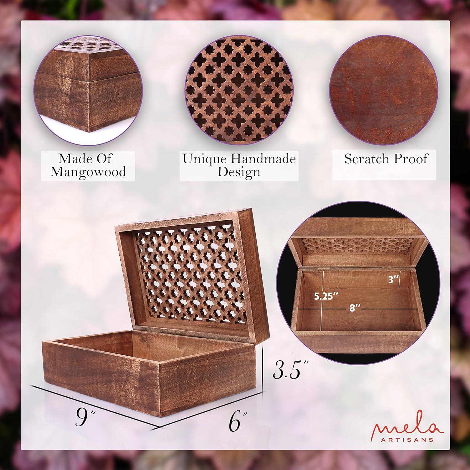 Mela Artisans Wood Keepsake Box with Hinged Lid in Trellis Design Medium Polish Finish, Large