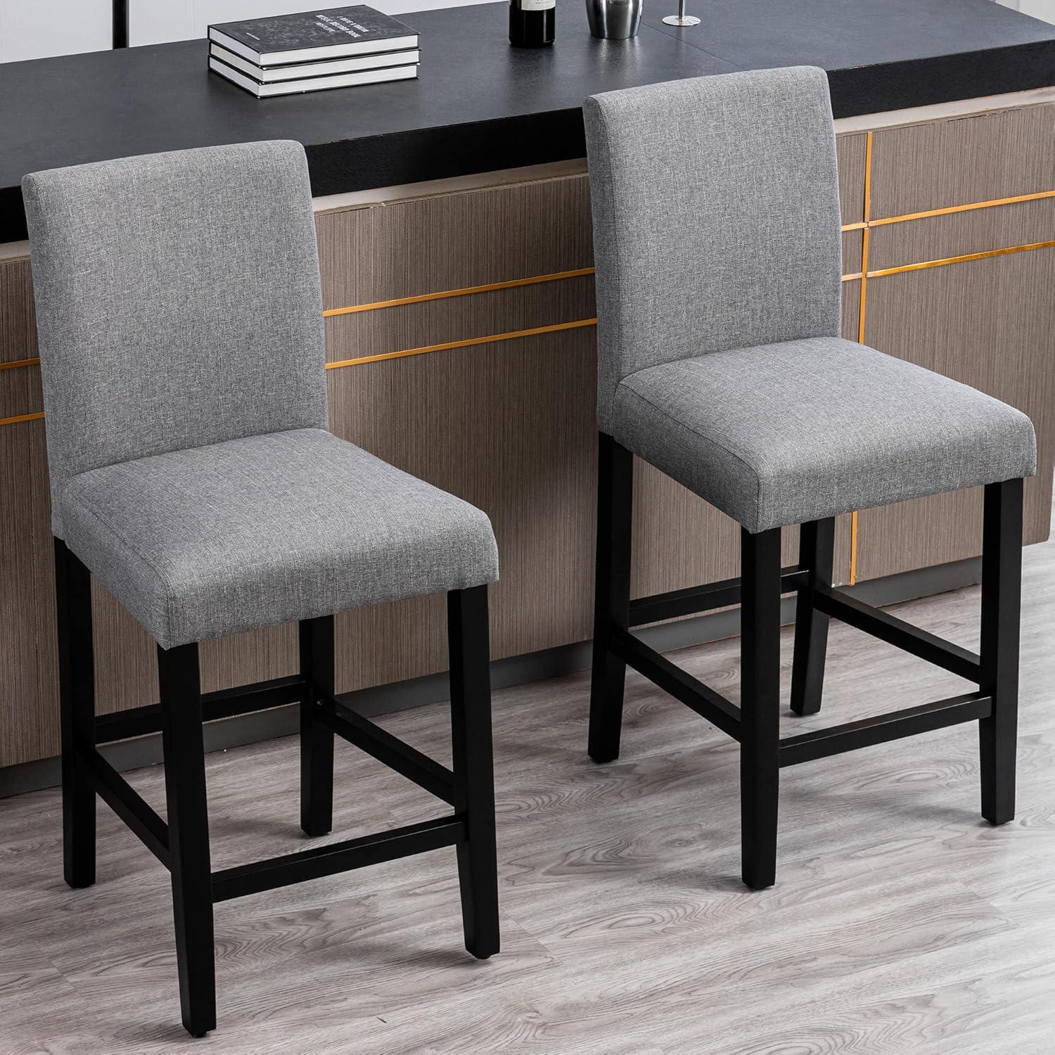 Set of 4 Gray Upholstered Counter Stools with Wood Legs