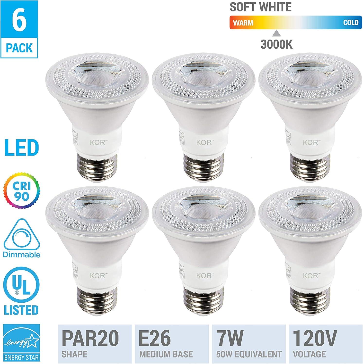 KOR 6-Pack White Dimmable LED PAR20 Flood Light Bulbs