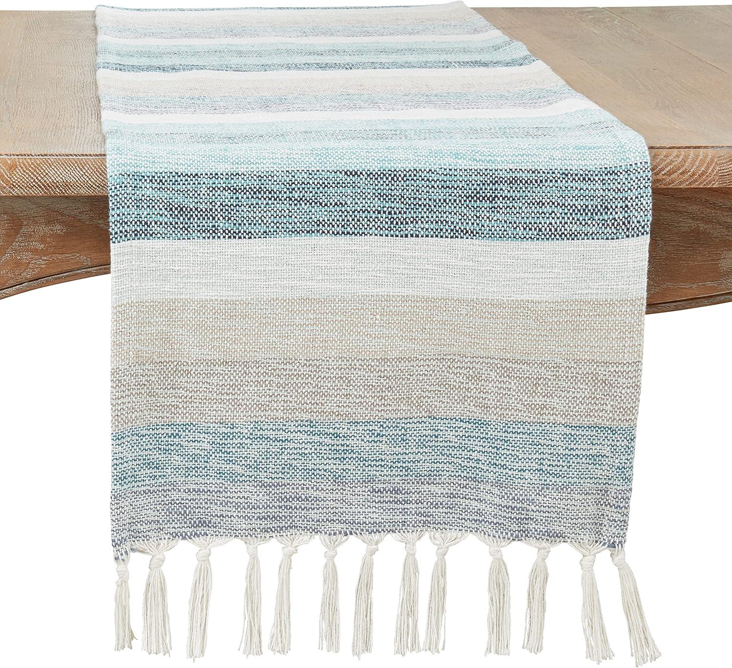 Coastal Blue Striped Cotton Table Runner with Fringe