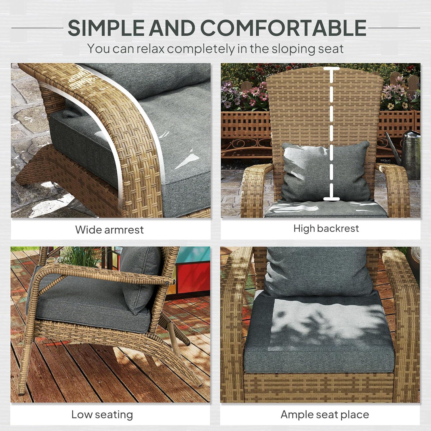 Outsunny Patio Adirondack Chair with All-Weather Rattan Wicker, Soft Cushions, Tall Curved Backrest for Deck or Garden, Light Gray