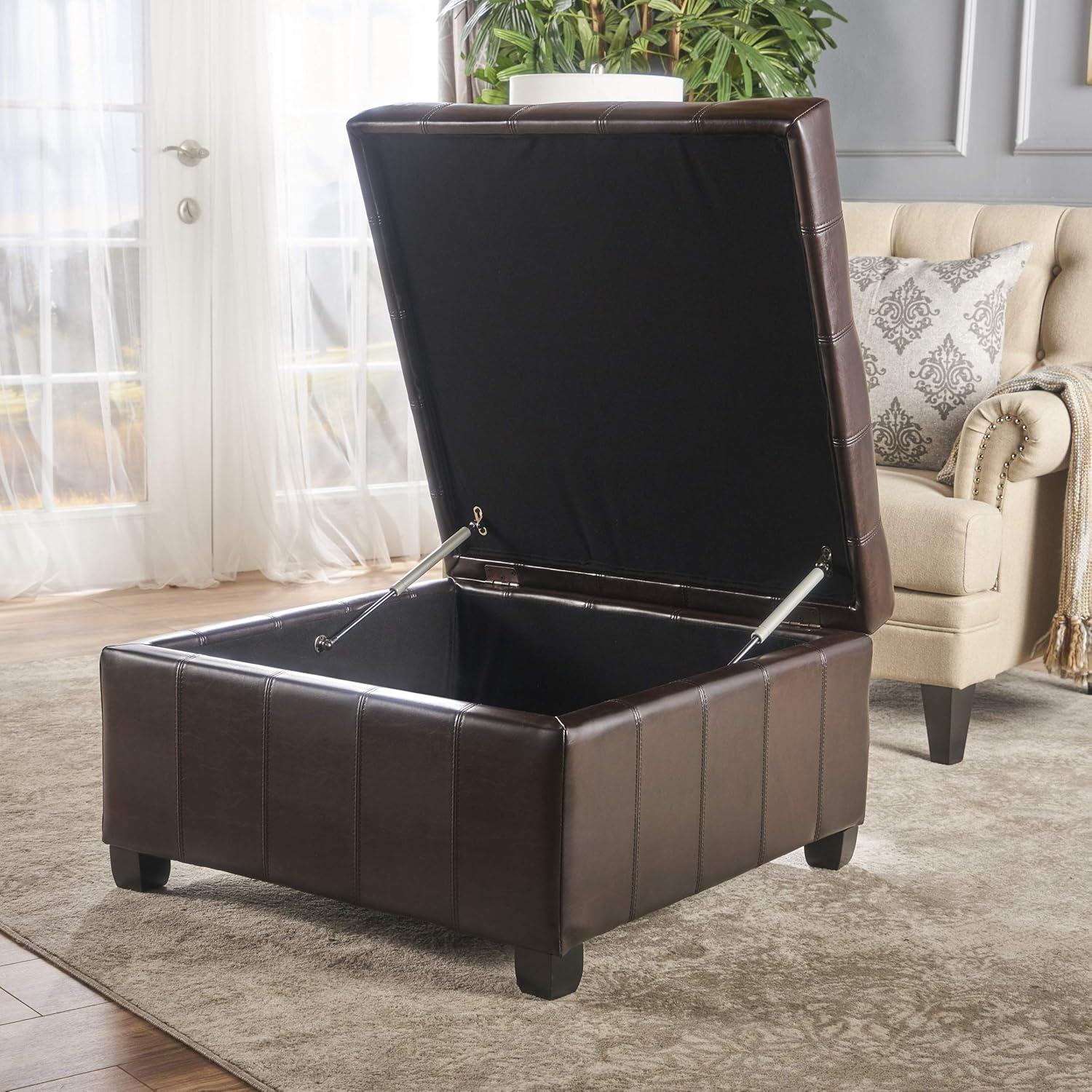 Christopher Knight Home Alexandria Bonded Leather Storage Ottoman - Brown: Upholstered Bench, Hardwood Frame