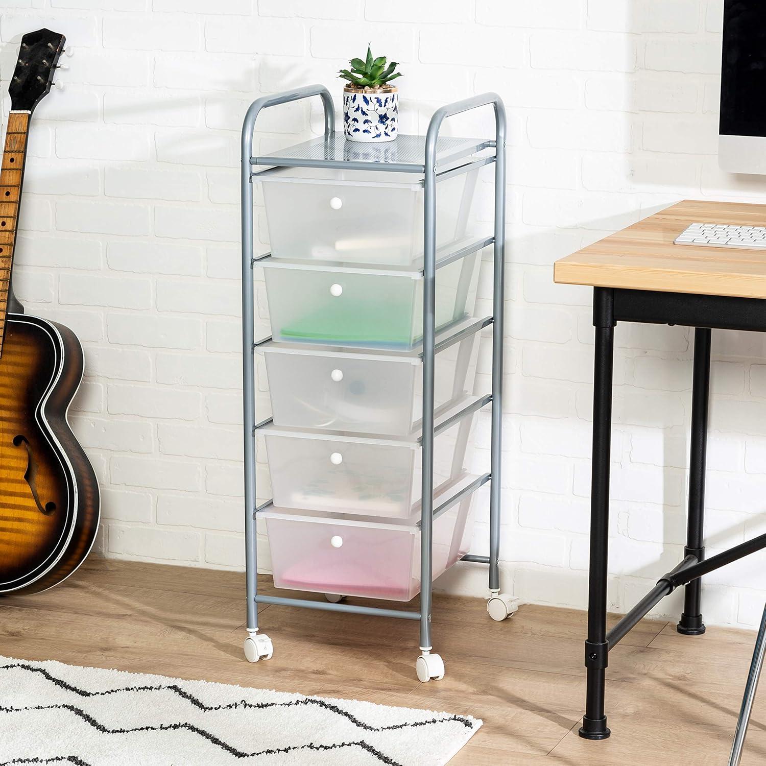 Silver and Clear 5-Drawer Rolling Storage Cart with Plastic Drawers